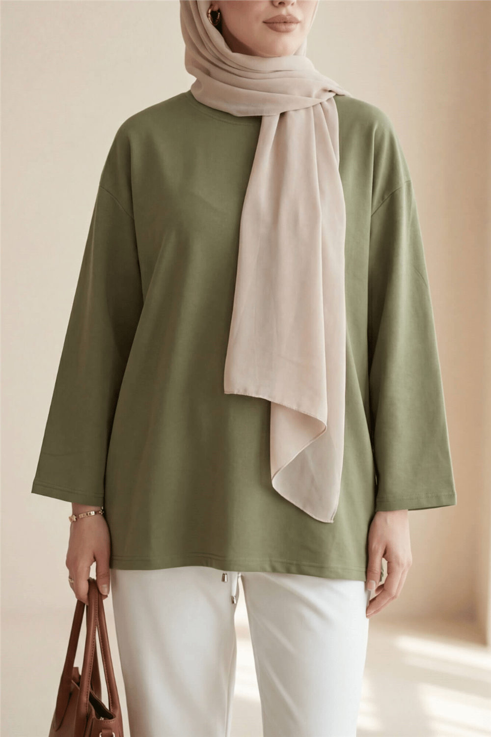 Yuvarlak Yaka Salaş Penye Tunik  -Haki-Tunik-437-10751-R05
