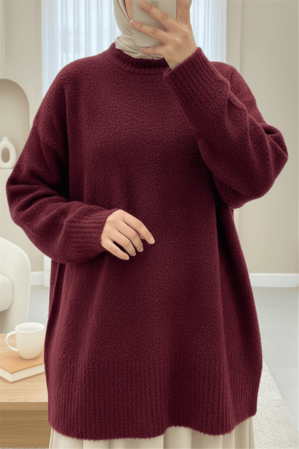 Yuvarlak Yaka Salaş Yumoş Triko  Kazak  -Bordo-Kazak-357-6222-R04