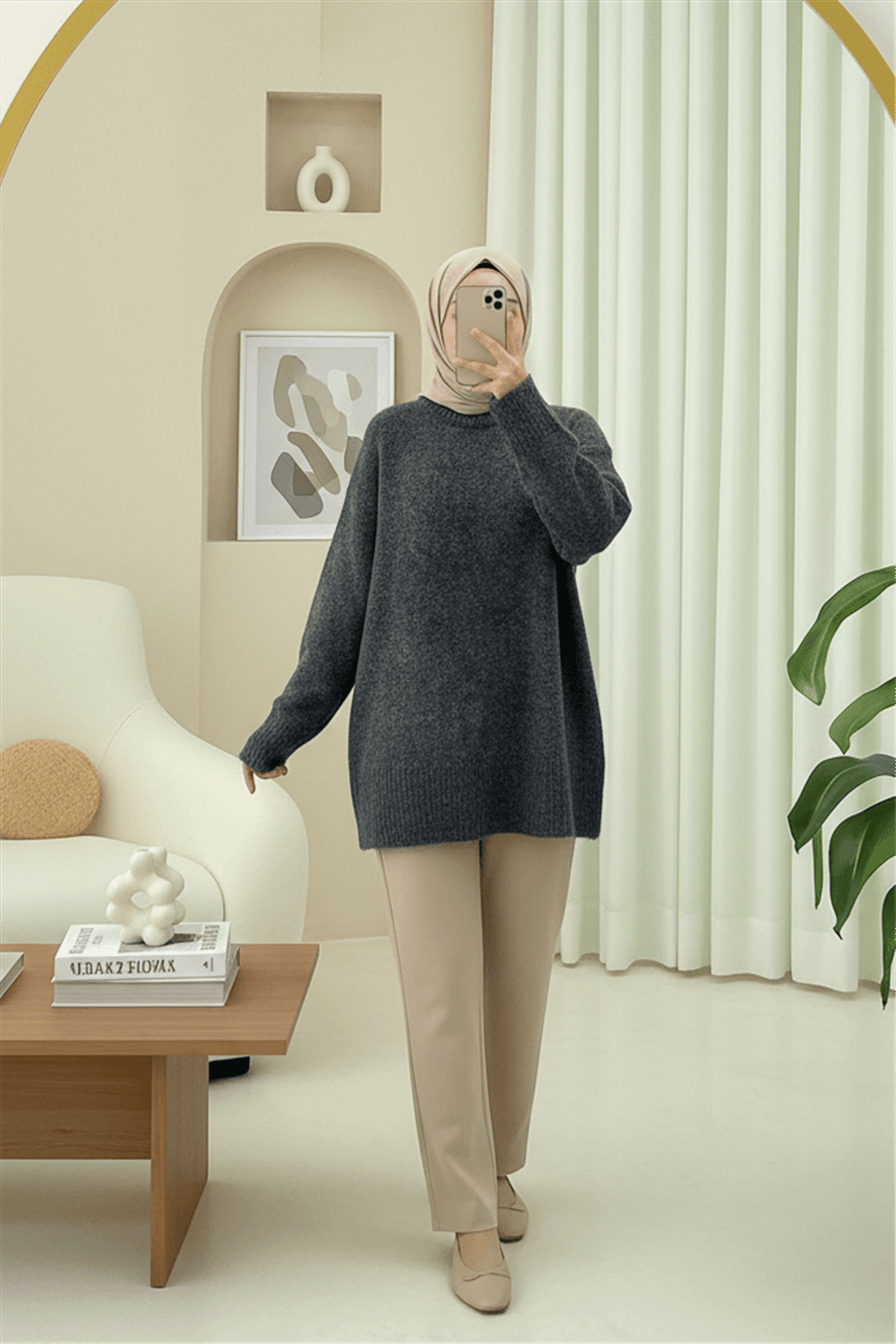 Yuvarlak Yaka Salaş Yumoş Triko  Kazak  -Füme-Kazak-357-6222-R18