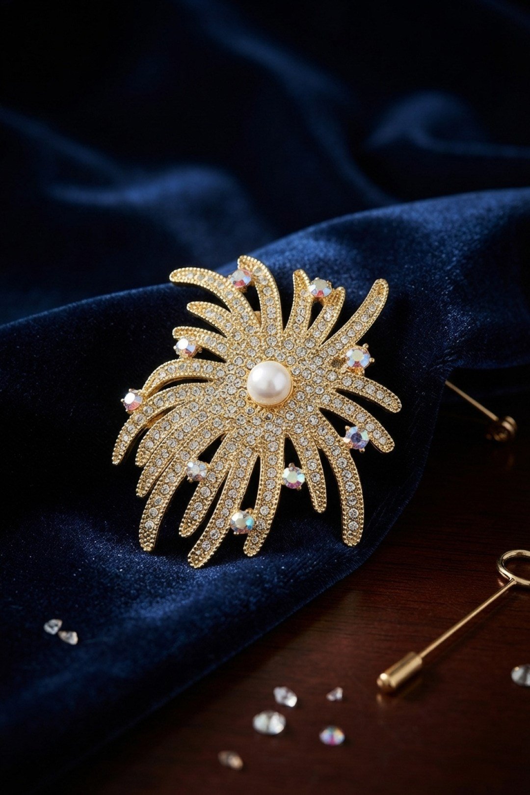 Zirkon Taşlı Gold Renk İnci Detaylı Broş