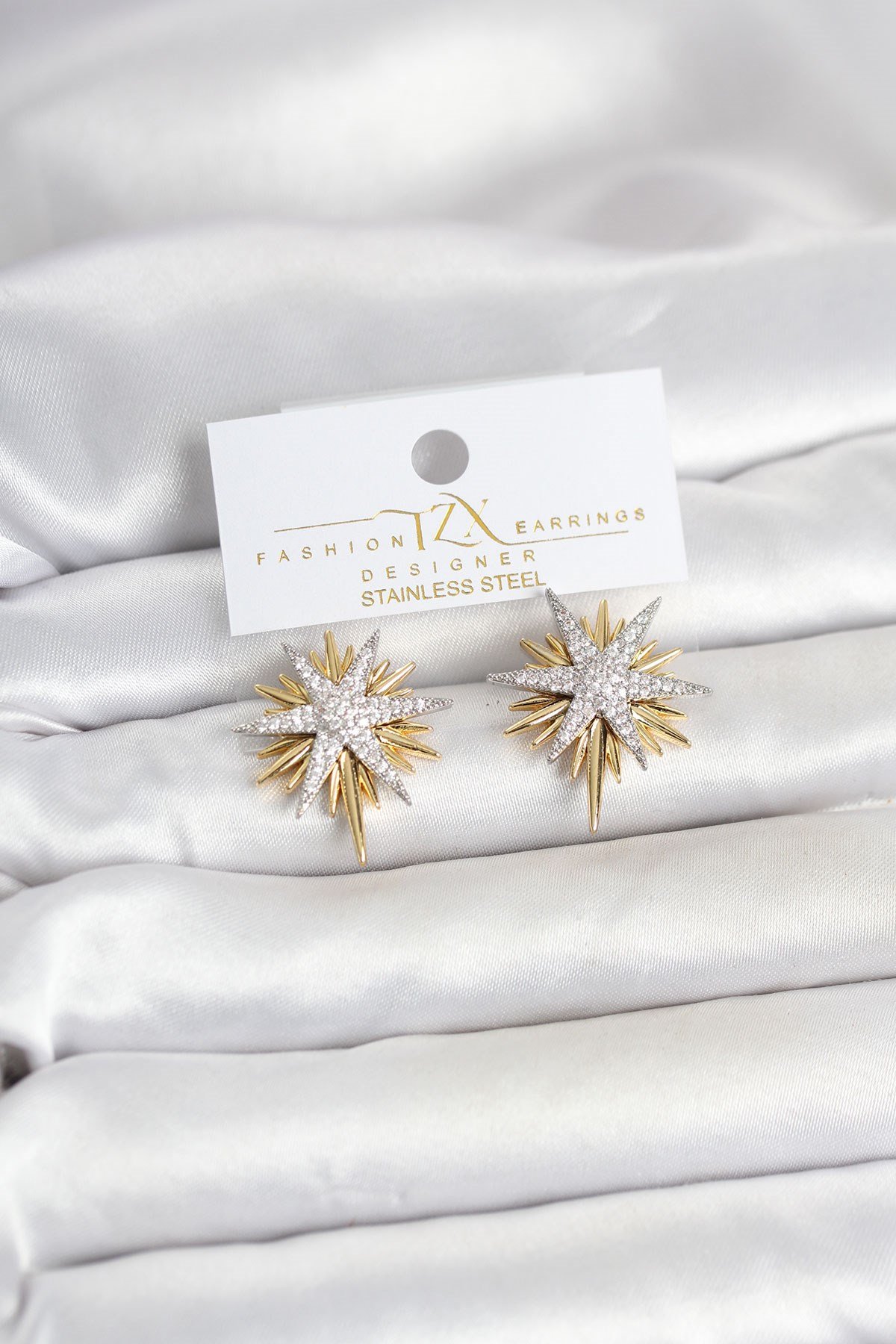 Zirkon Taşlı Pirinç Kutup Yıldızı Gold ve Gümüş Renk Kadın Küpe