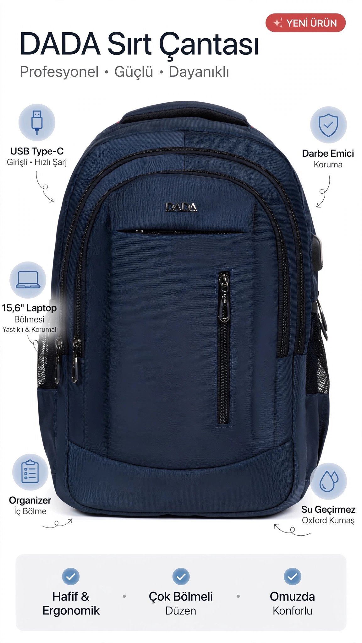 Dada USB Type-C Girişli Sırt Çantası 15,6 inç Organizer İç Bölme Darbe Emici Koruma Su Geçirmez Oxfo