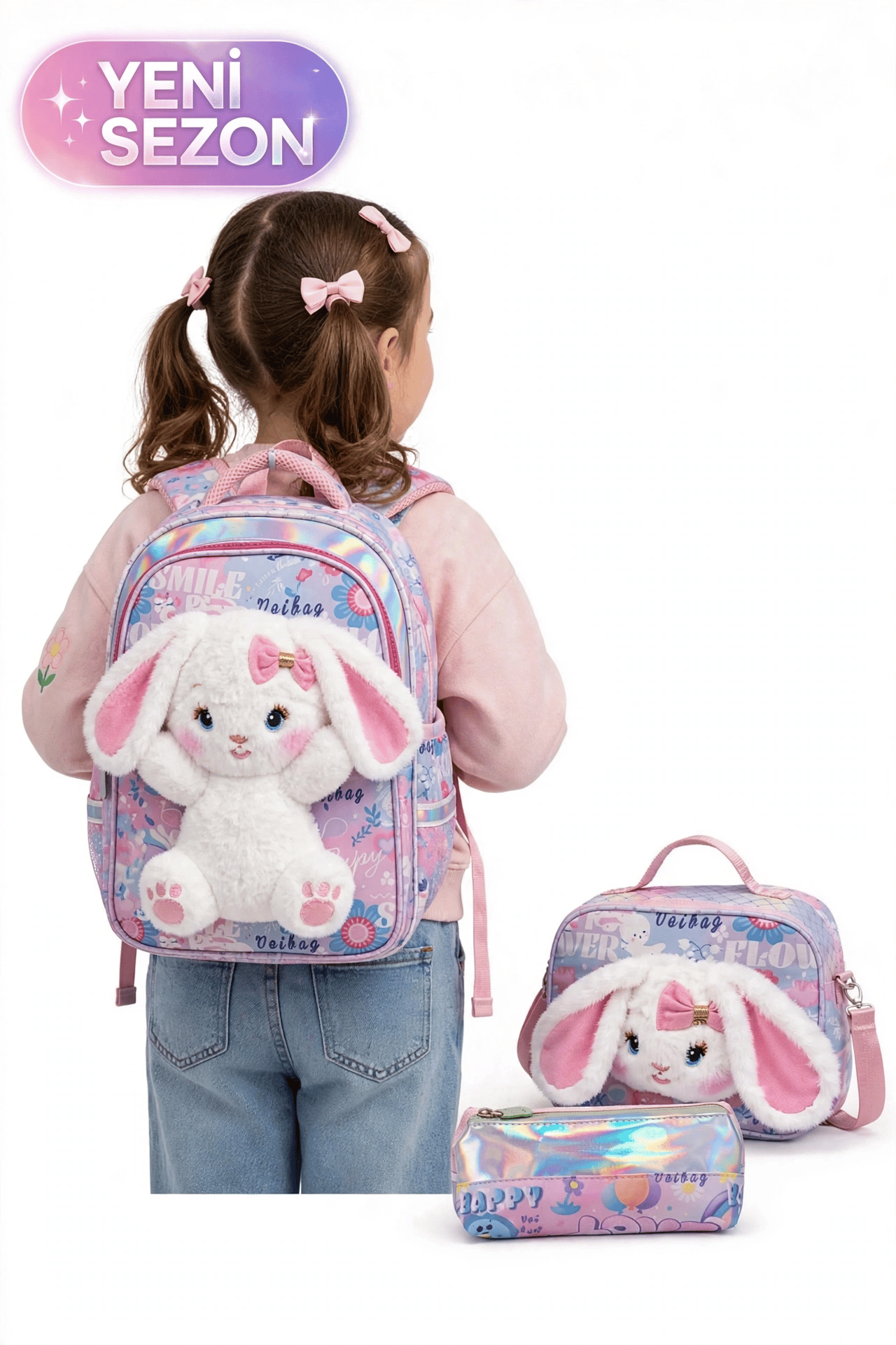Premium Kız Çocuk Peluş Tavşanlı Anaokulu Ve İlkokul Sırt Çantası Termal Beslenme Çantası Ve Kalemli