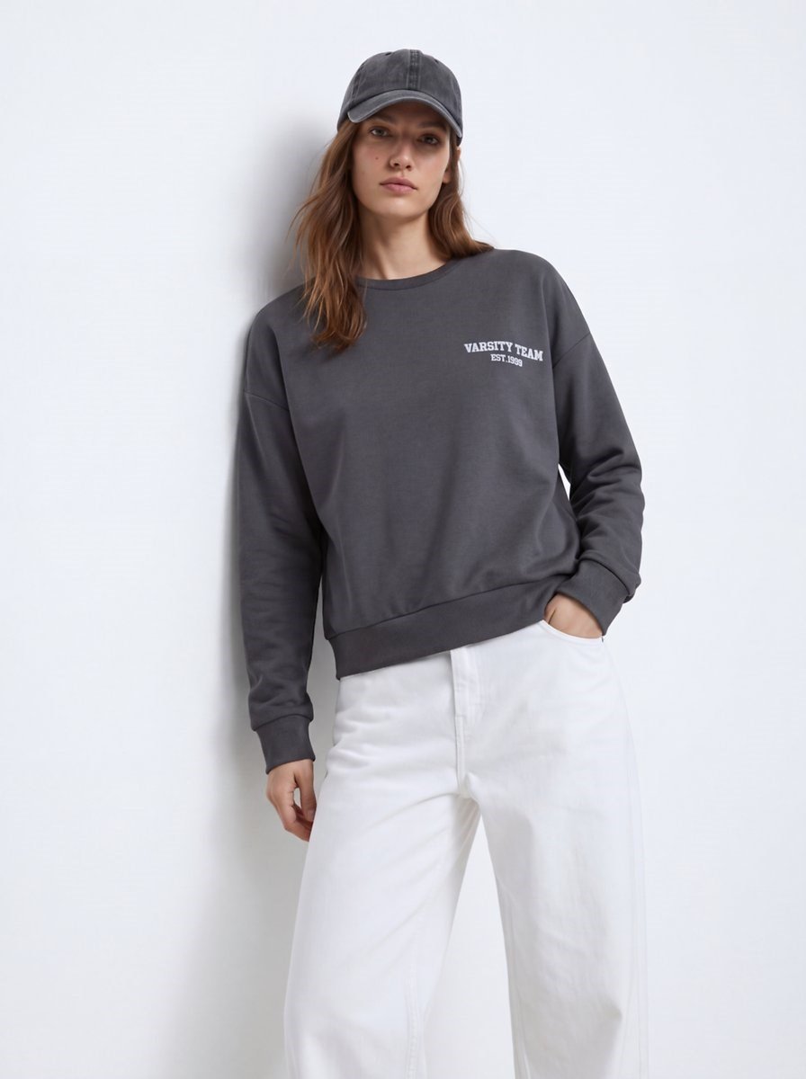 Ltb SAPAHE Regular Fit Yazı Baskılı Bisiklet Yaka Gri Sweatshırt