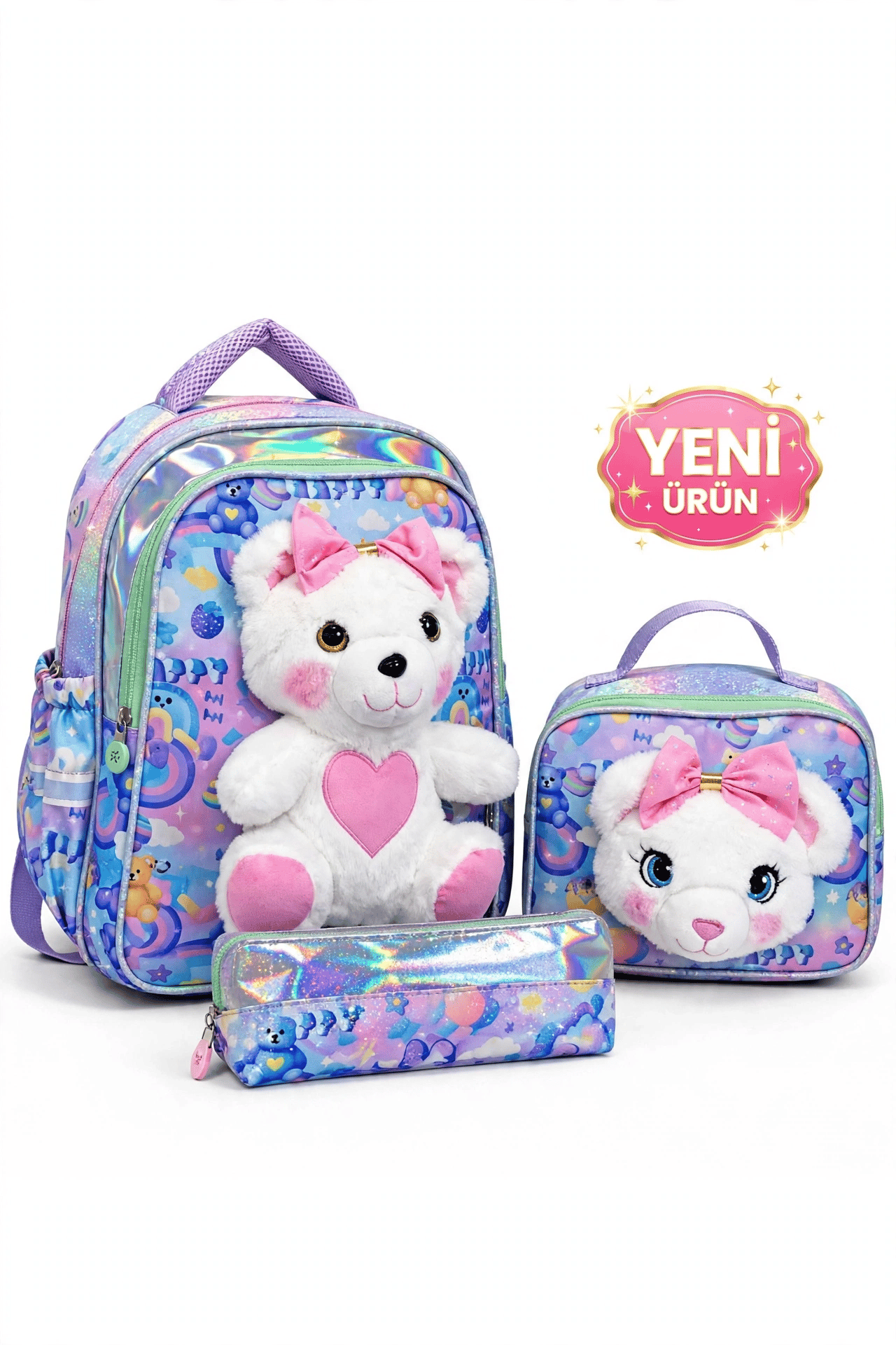 Premium Kız Çocuk Peluş Ayıcıklı Anaokulu Ve İlkokul Sırt Çantası Termal Beslenme Çantası Ve Kalemli