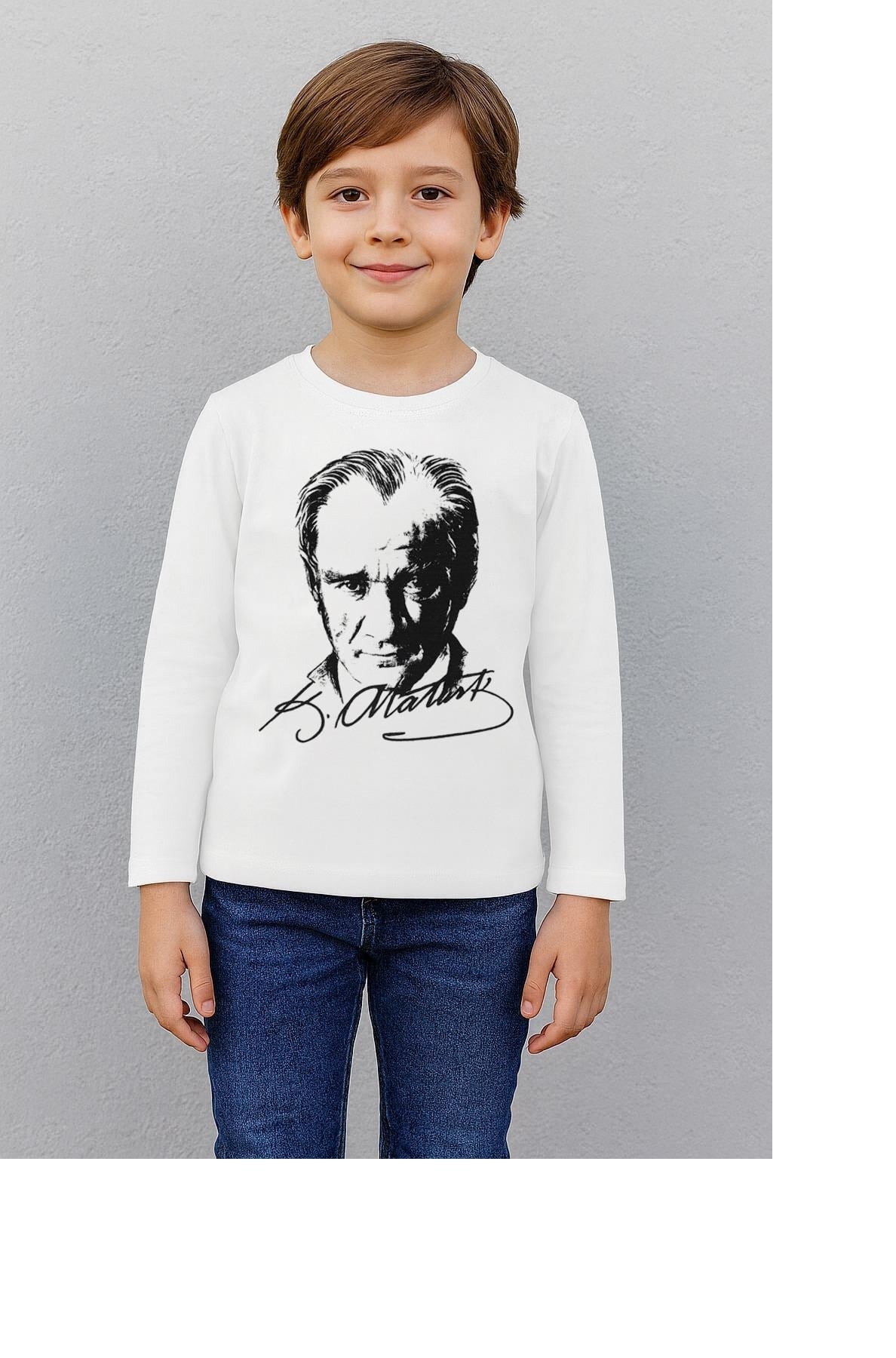 Atatürk Baskıl UZUN KOL Baskılı Atatürk Imzalı Unisex Çocuk T-shırt