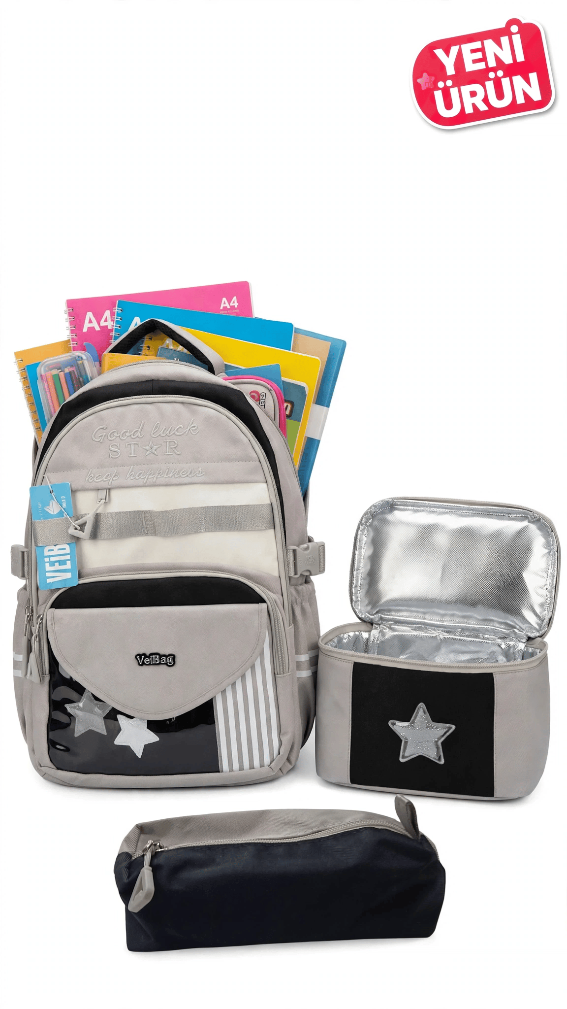VEIBAG Fame İlkokul Okul Çantası 3'lü Set - Beslenme Çantalı Ve Kalemlikli Sırt Çantası 12045