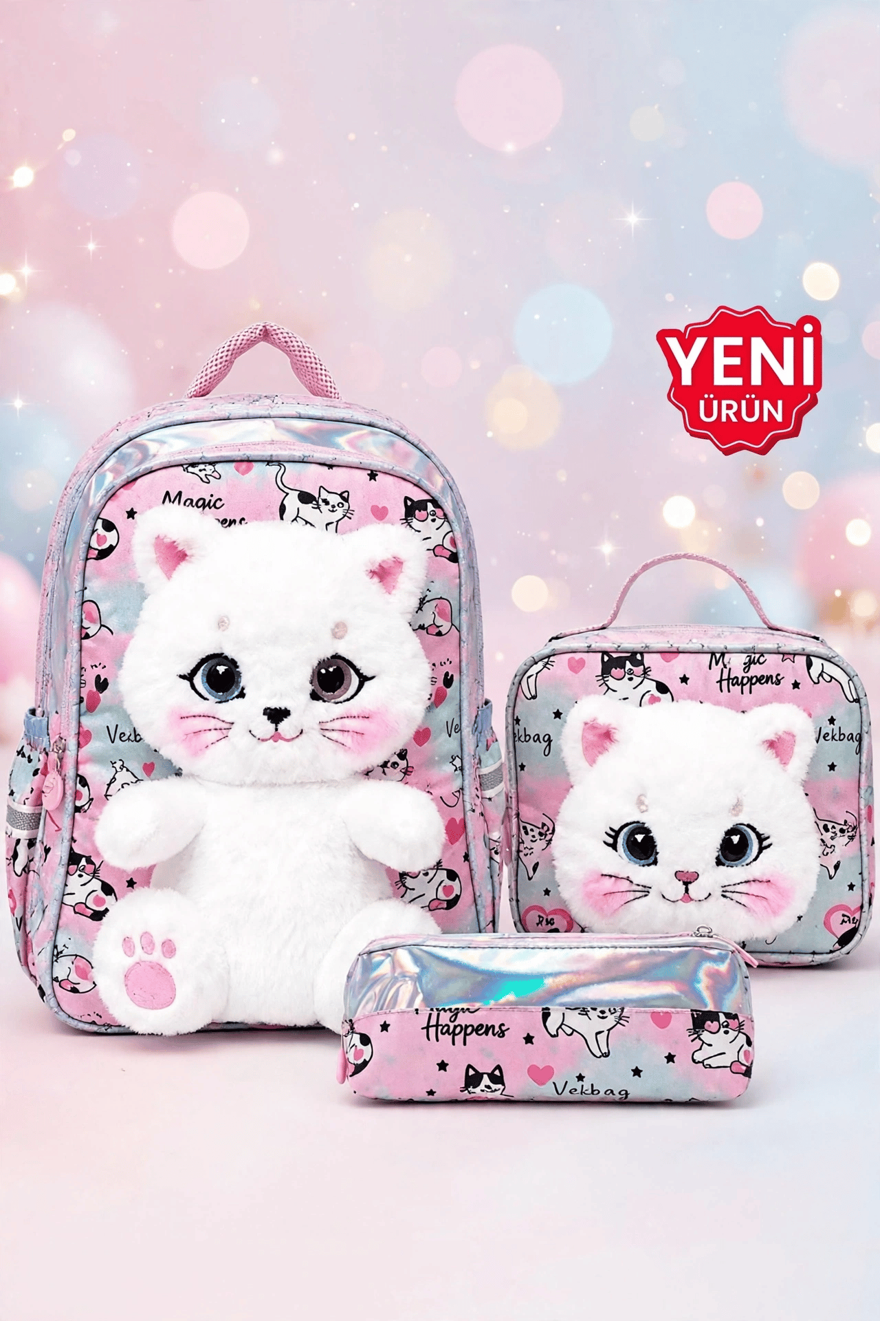 Premium Kız Çocuk Peluş Kedili Anaokulu Ve İlkokul Sırt Çantası Termal Beslenme Çantası Ve Kalemli