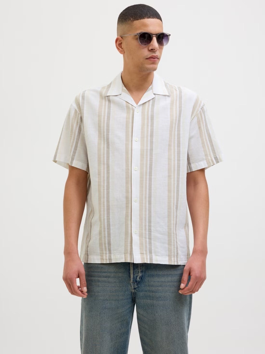 Jack & Jones Jprccsummer Stripe Resort S/S Shirt Sn Krem Erkek Kısa Kol Gömlek