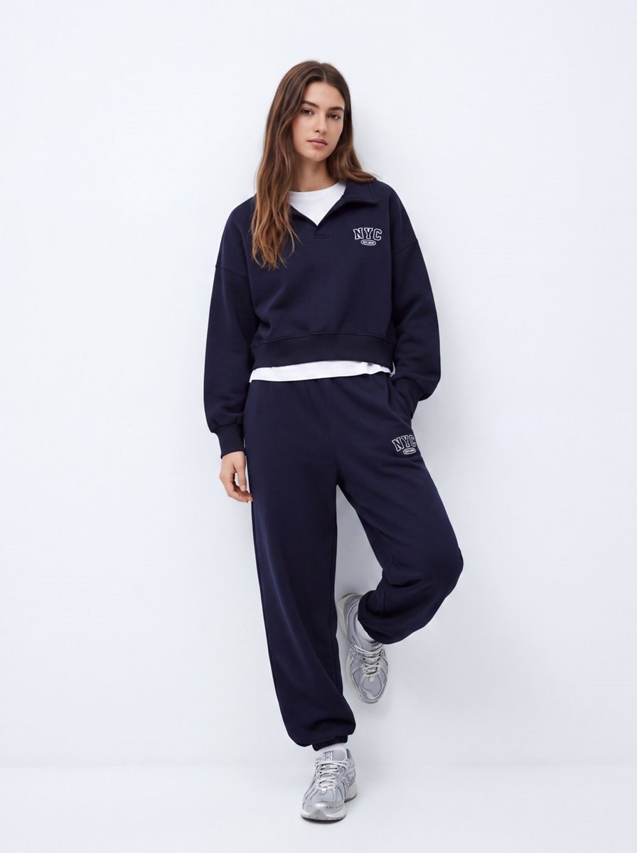 Ltb ZOKOFA Relaxed Fit Yaka Detaylı Yazı Baskılı Lacivert Sweatshırt