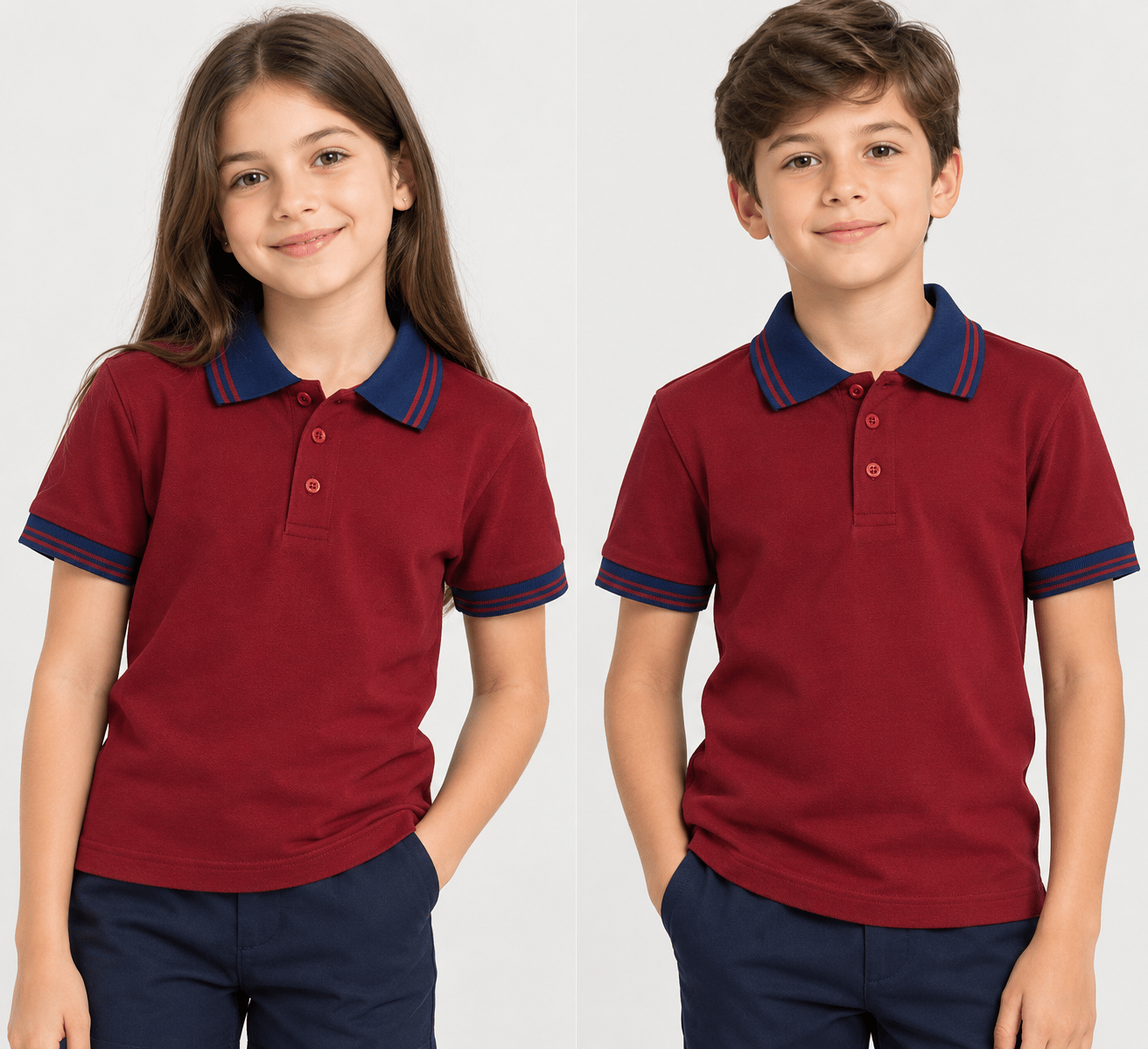 Lacivert Çizgi Yaka Bordo Kısa Kol kız ve Erkek Çocuk T-shirt