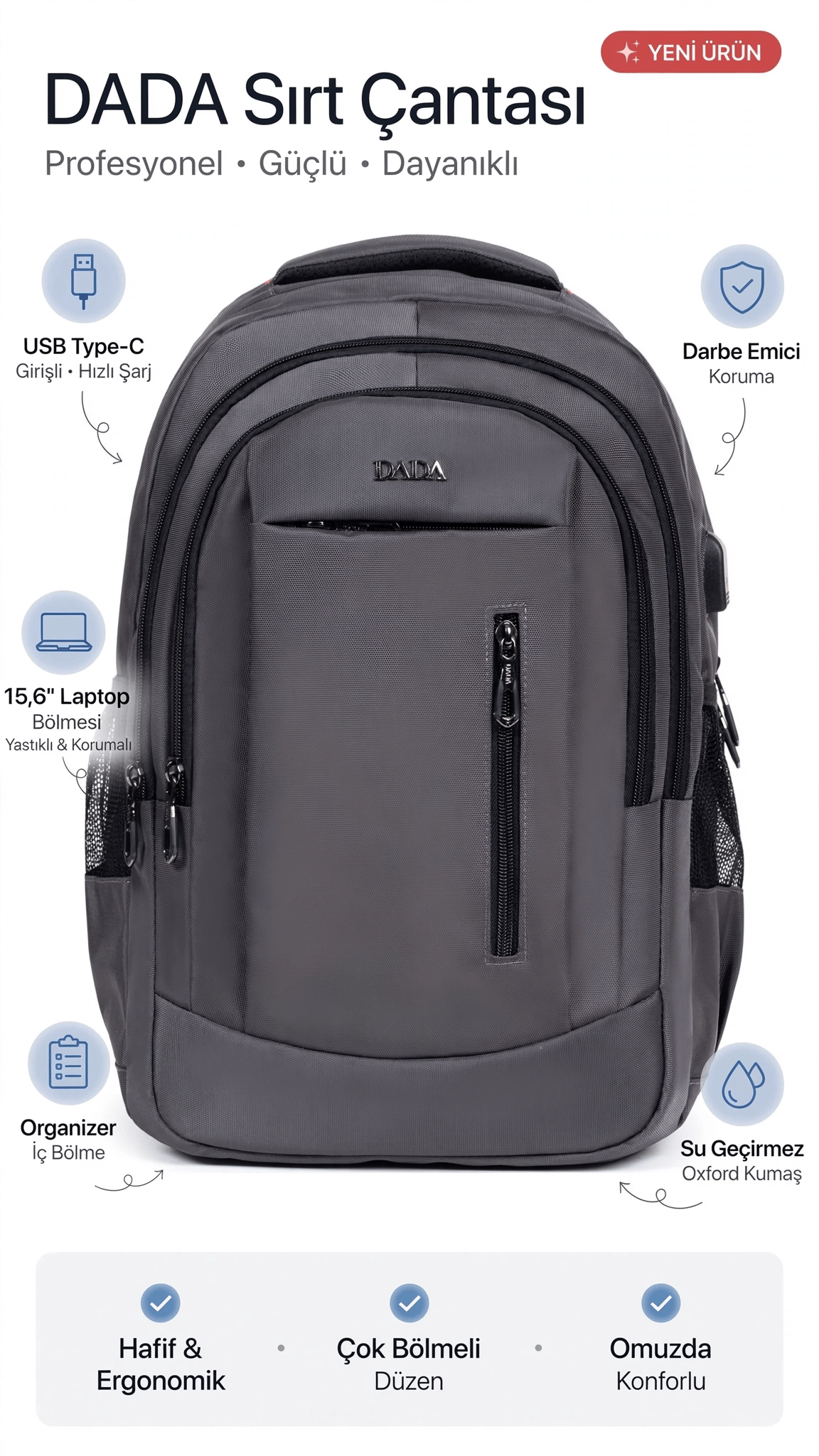 Dada USB Type-C Girişli Sırt Çantası 15,6 inç Organizer İç Bölme Darbe Emici Koruma Su Geçirmez Oxfo