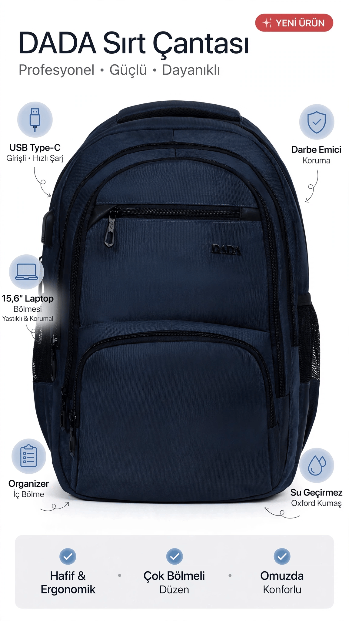 Dada USB Type-C Girişli Sırt Çantası 15,6 inç Organizer İç Bölme Darbe Emici Koruma Su Geçirmez Oxfo