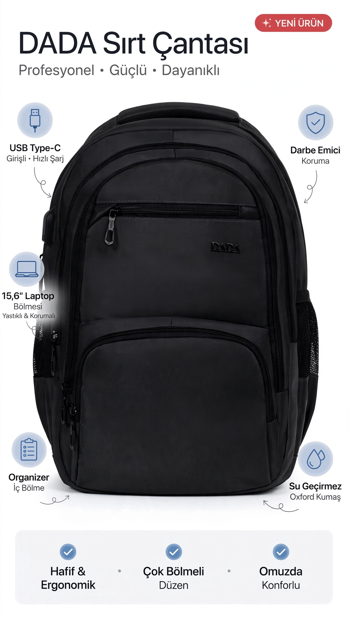 Dada USB Type-C Girişli Sırt Çantası 15,6 inç Organizer İç Bölme Darbe Emici Koruma Su Geçirmez Oxfo