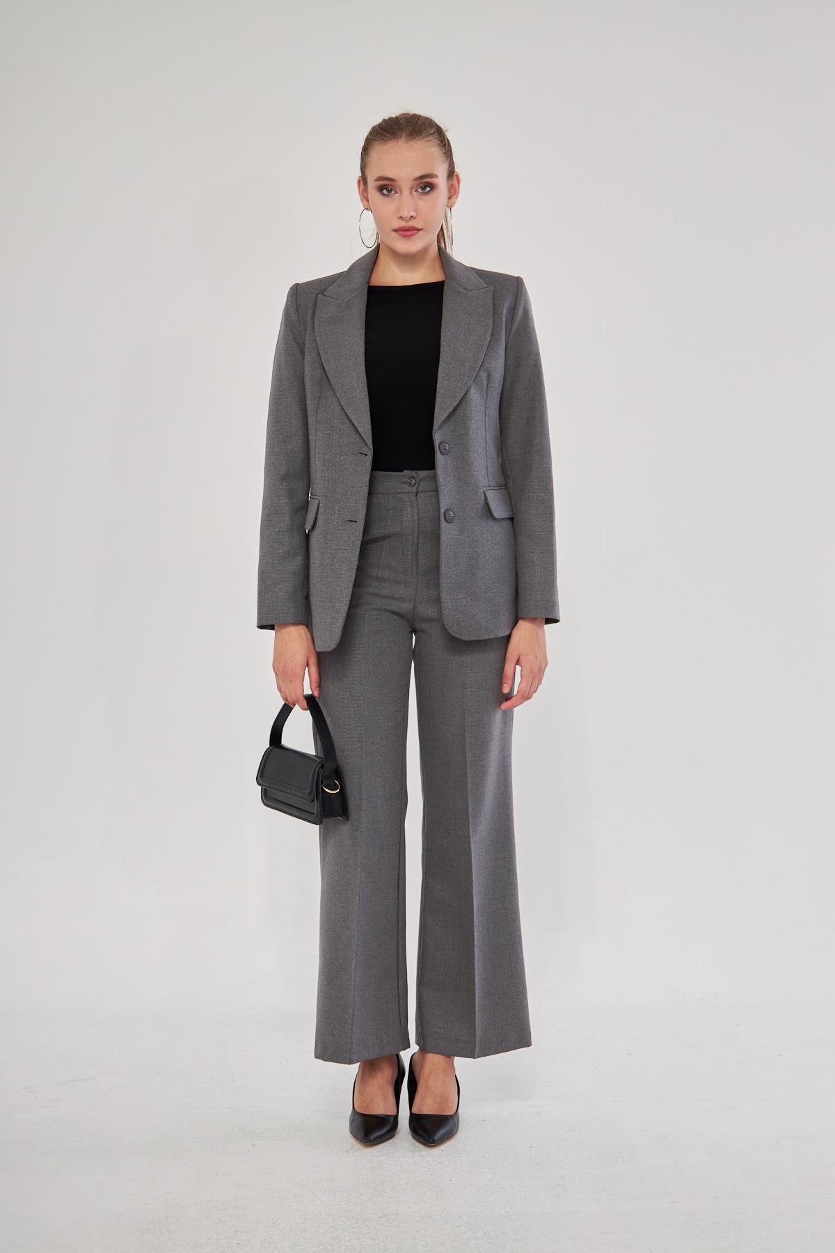 2 Düğme Flanel Desenli Takım Siyah