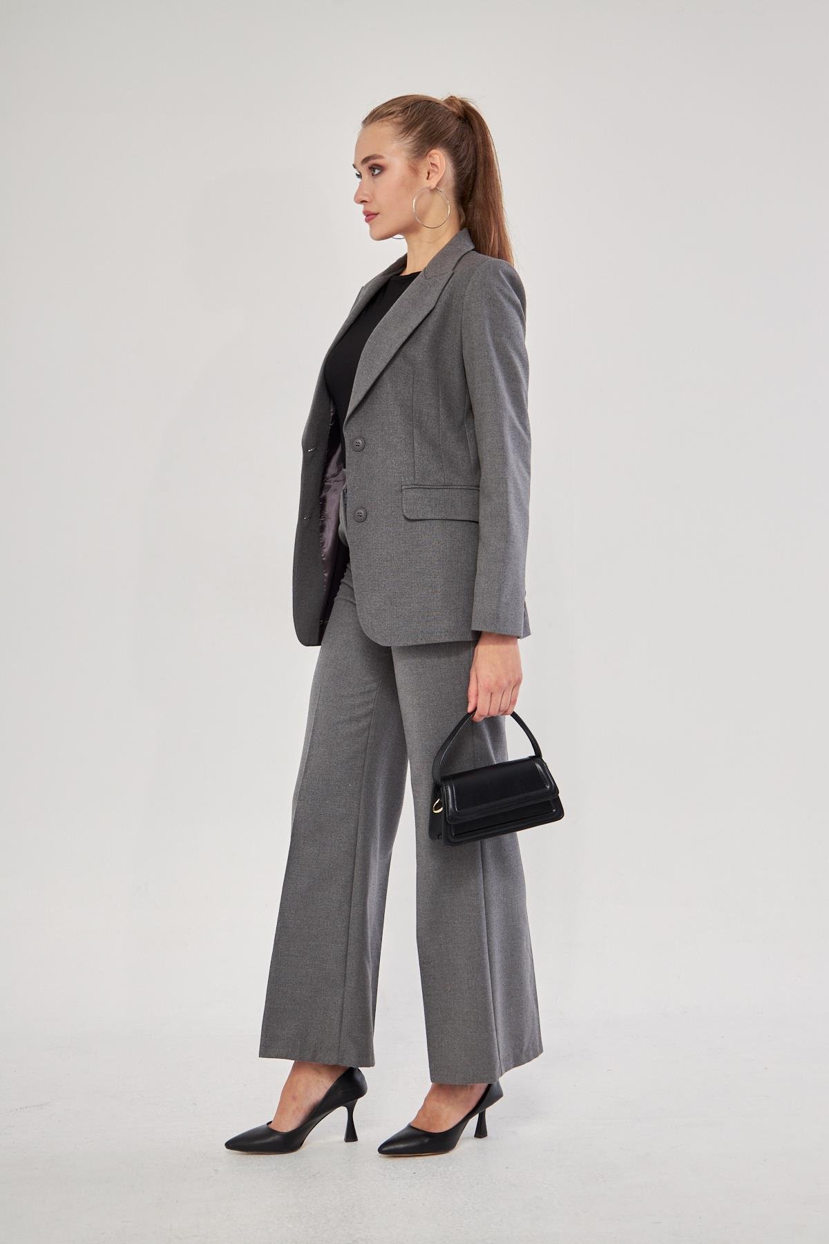 2 Düğme Flanel Desenli Takım Siyah