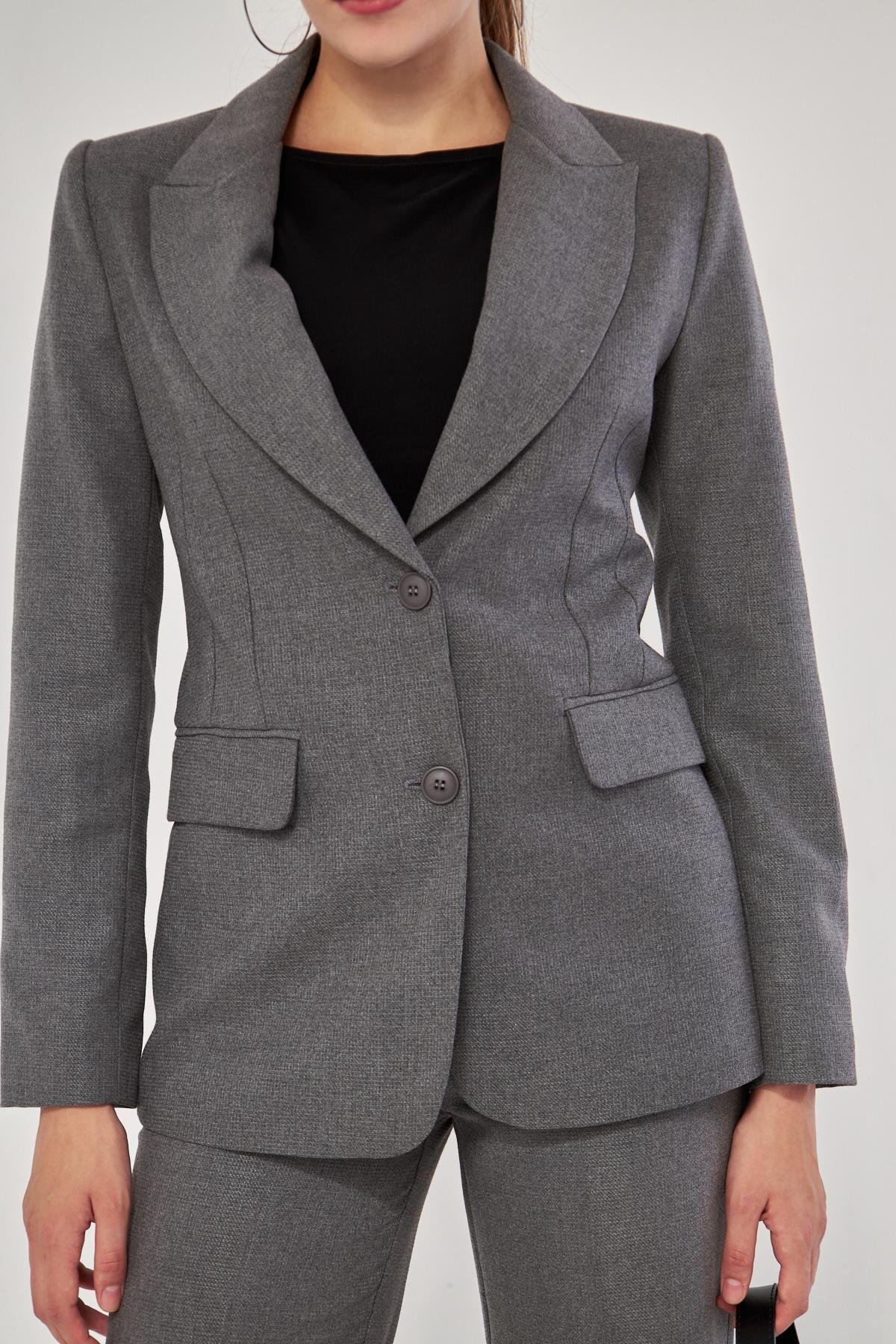 2 Düğme Flanel Desenli Takım Siyah