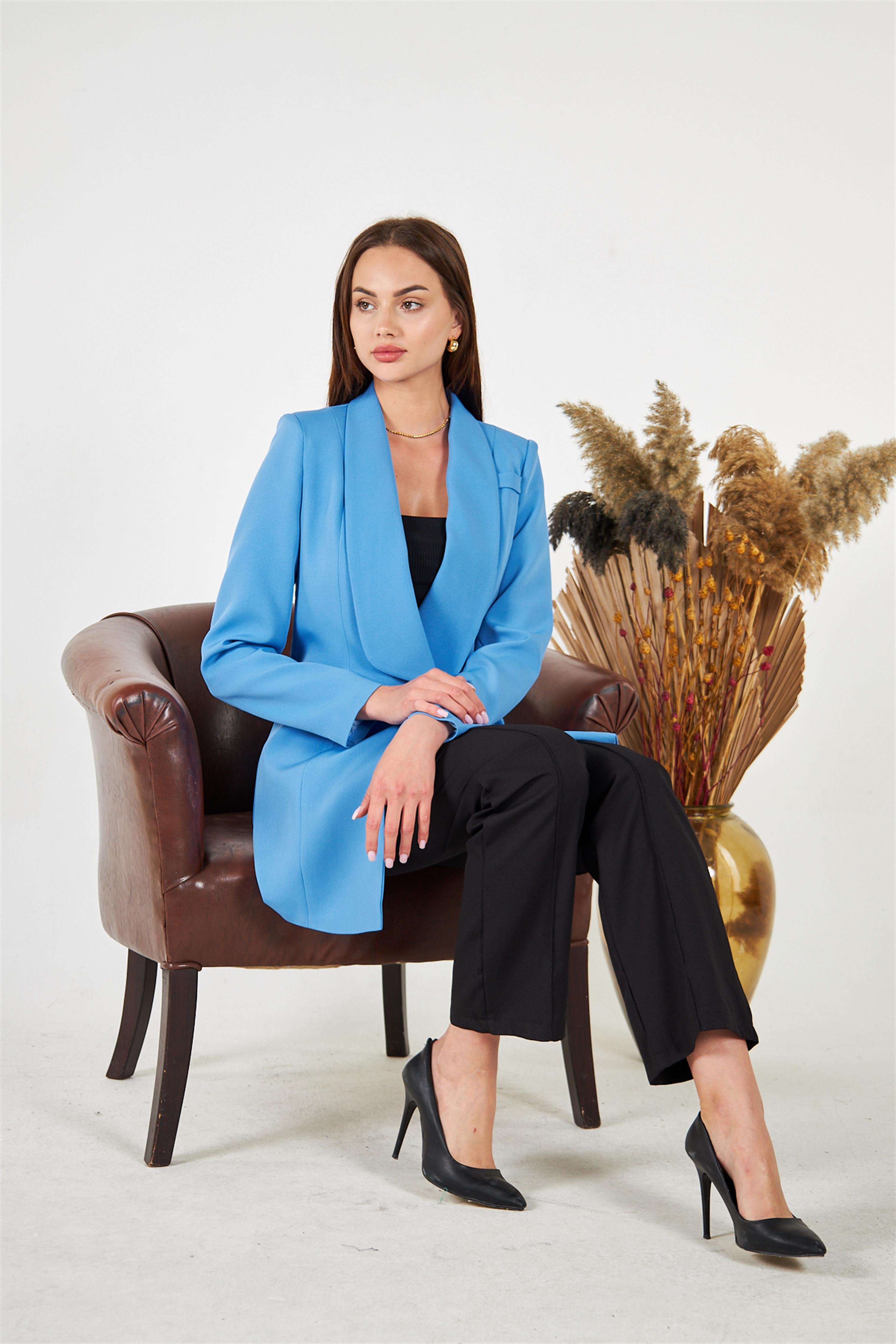 2 Düğme Geniş Yaka Ceket Açık Mavi