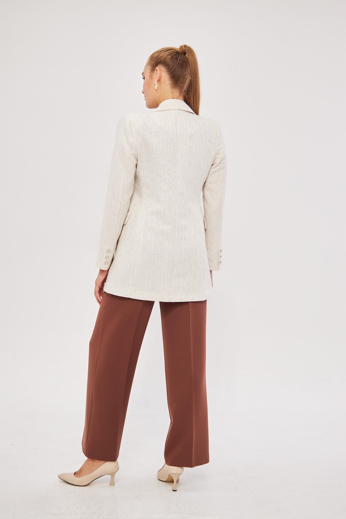 4 Düğme Kruvaze Kartaneli Ceket Ekru