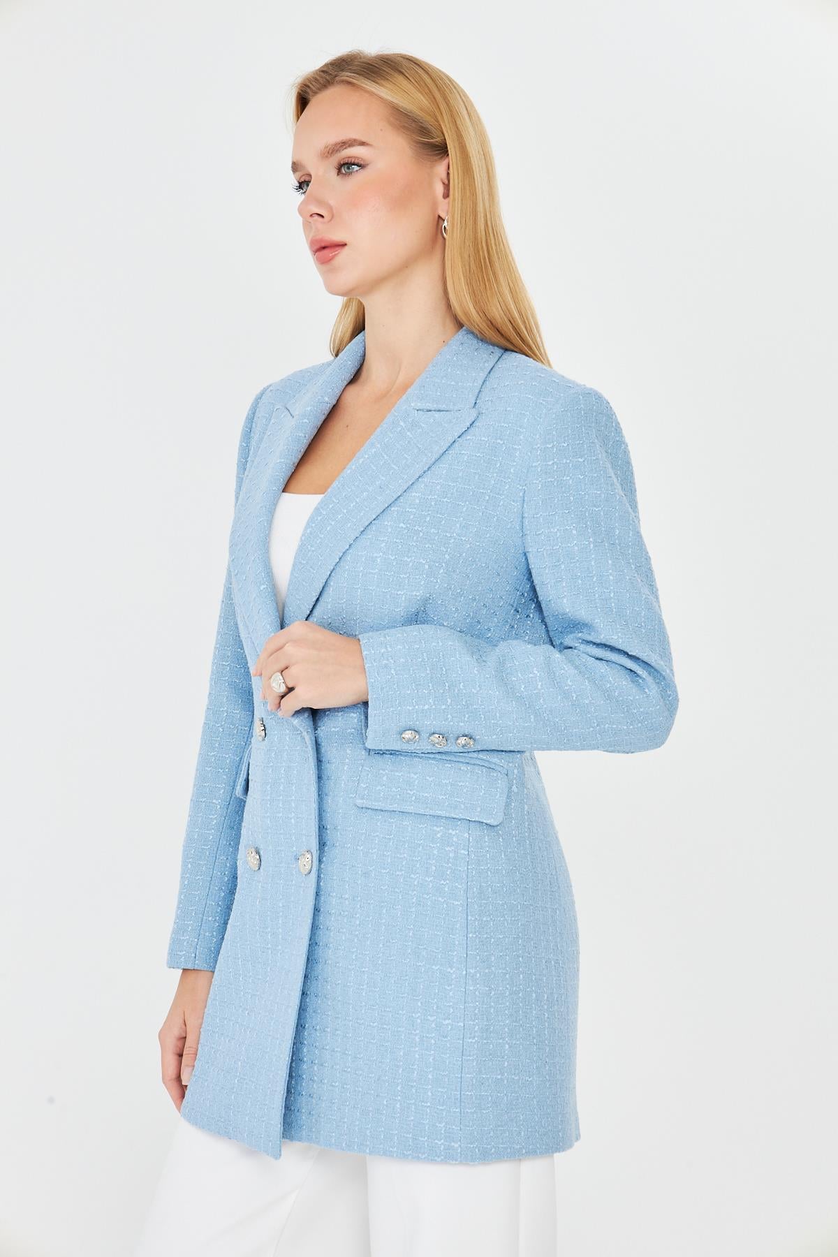 4 Düğmeli Kruvaze Tüvit Ceket Bebe Mavi