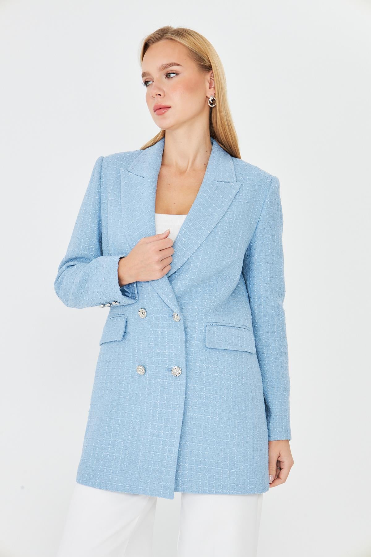4 Düğmeli Kruvaze Tüvit Ceket Bebe Mavi