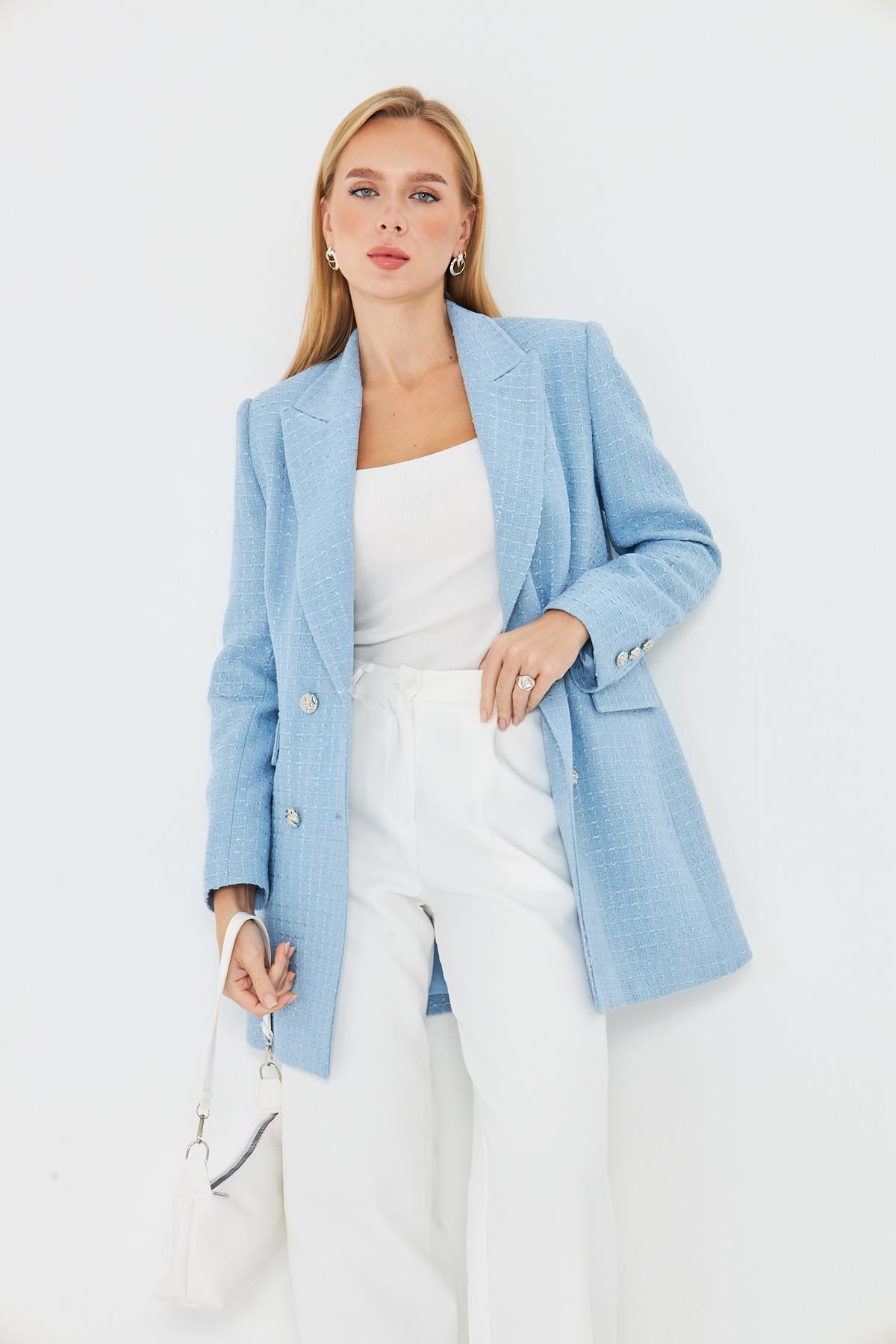 4 Düğmeli Kruvaze Tüvit Ceket Bebe Mavi