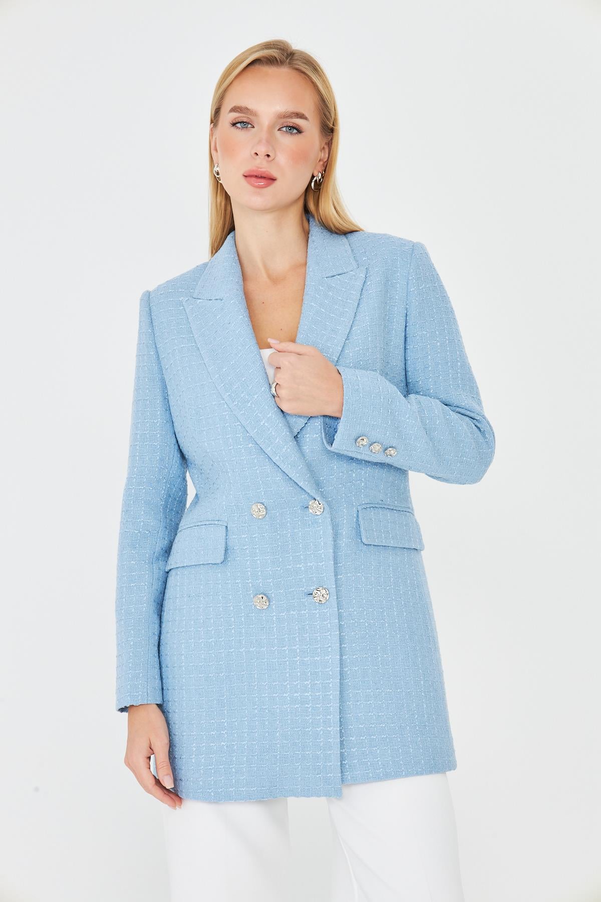 4 Düğmeli Kruvaze Tüvit Ceket Bebe Mavi