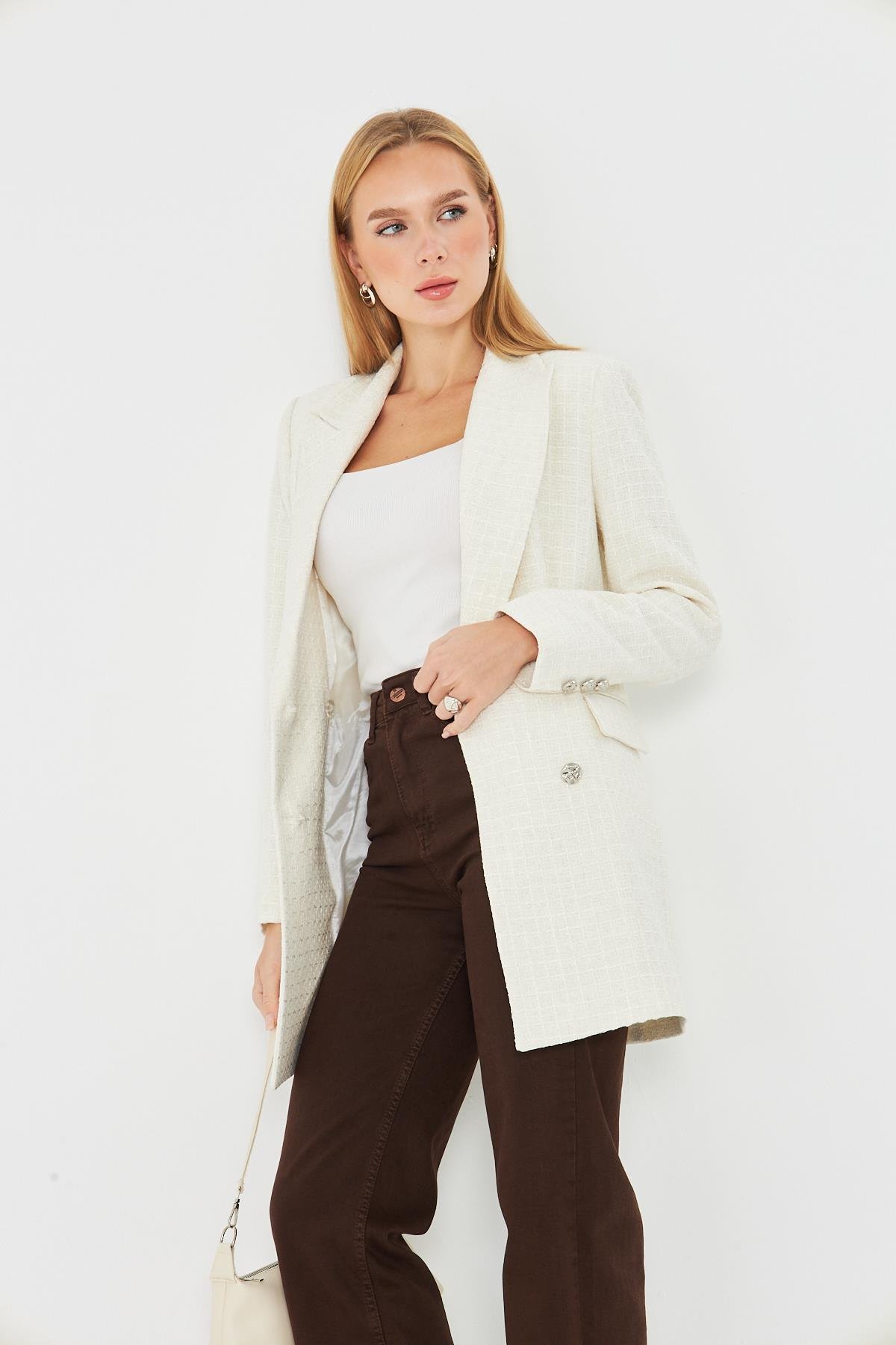 4 Düğmeli Kruvaze Tüvit Ceket Ekru