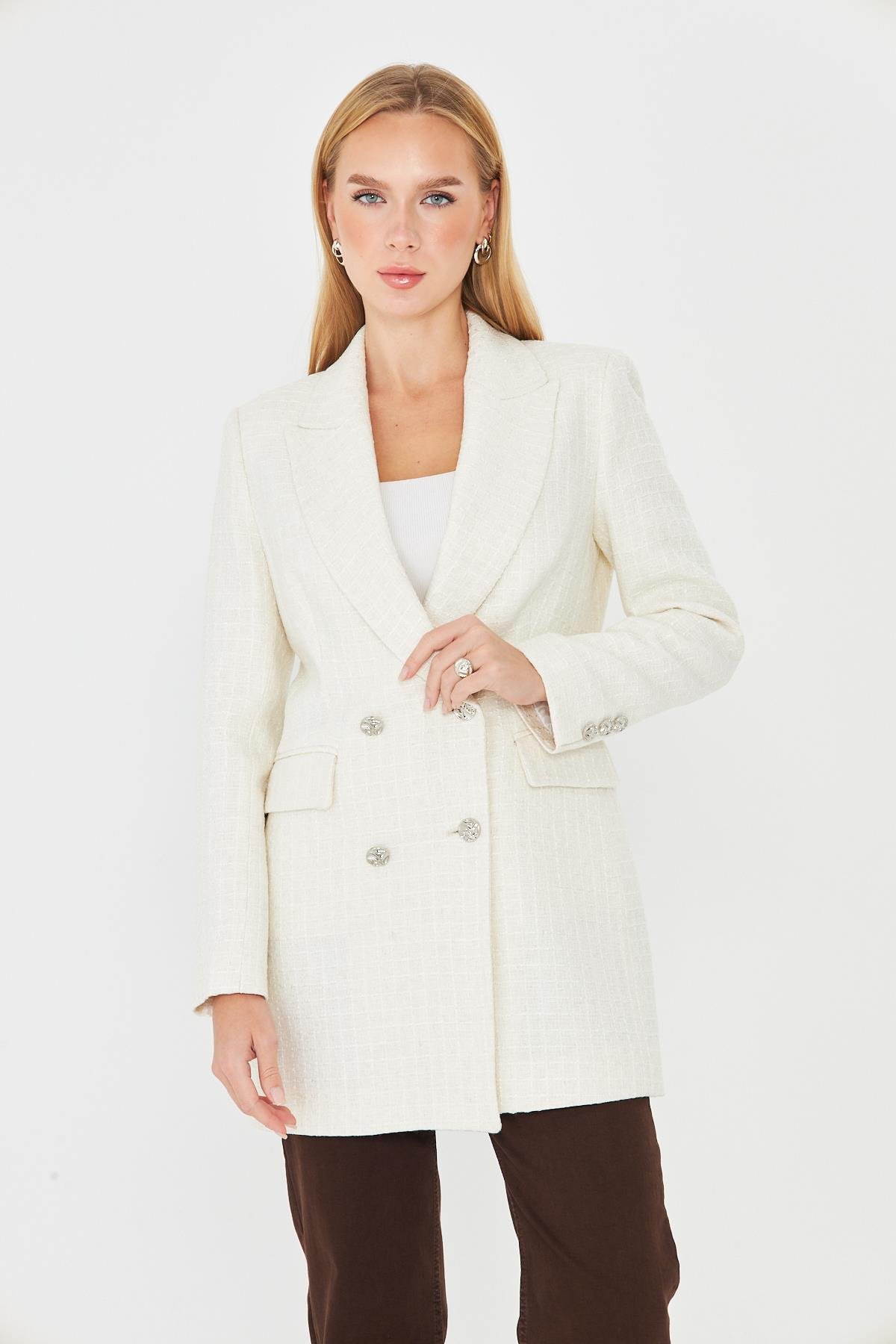 4 Düğmeli Kruvaze Tüvit Ceket Ekru