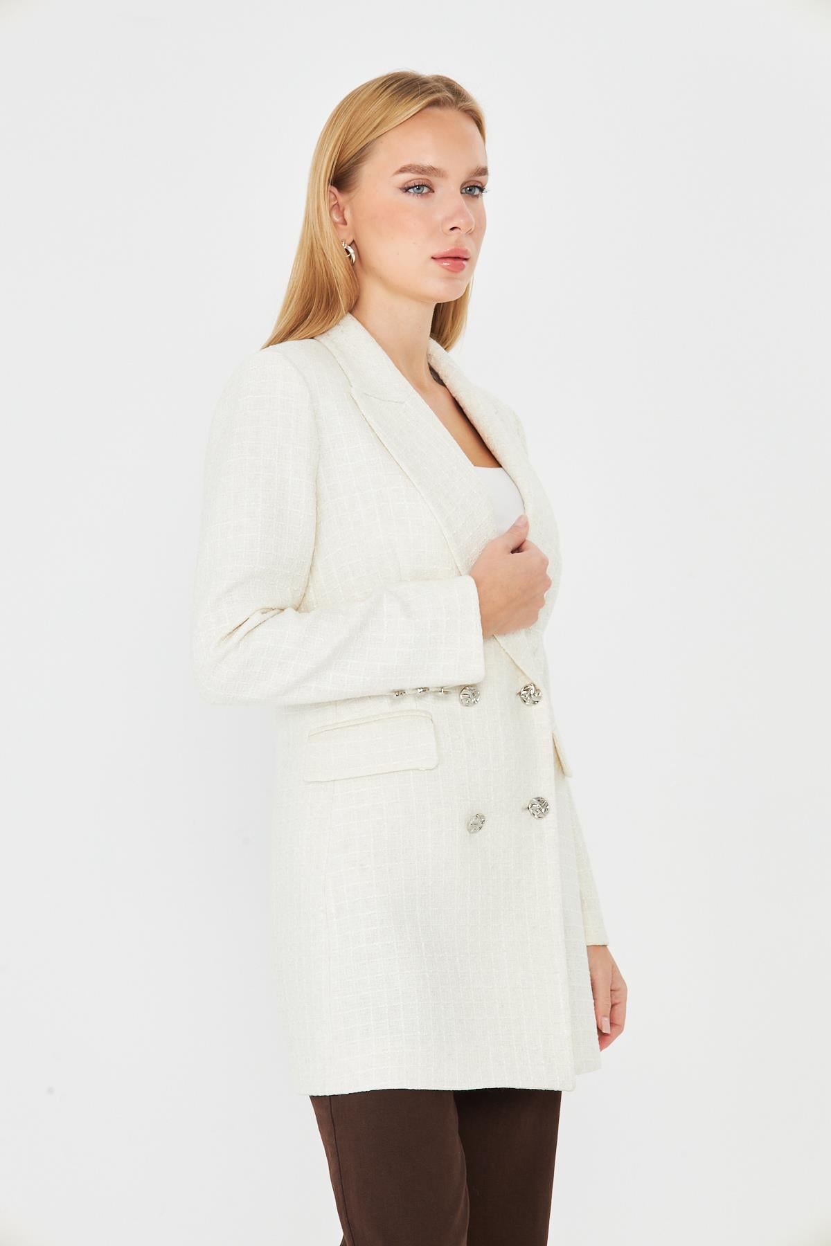 4 Düğmeli Kruvaze Tüvit Ceket Ekru