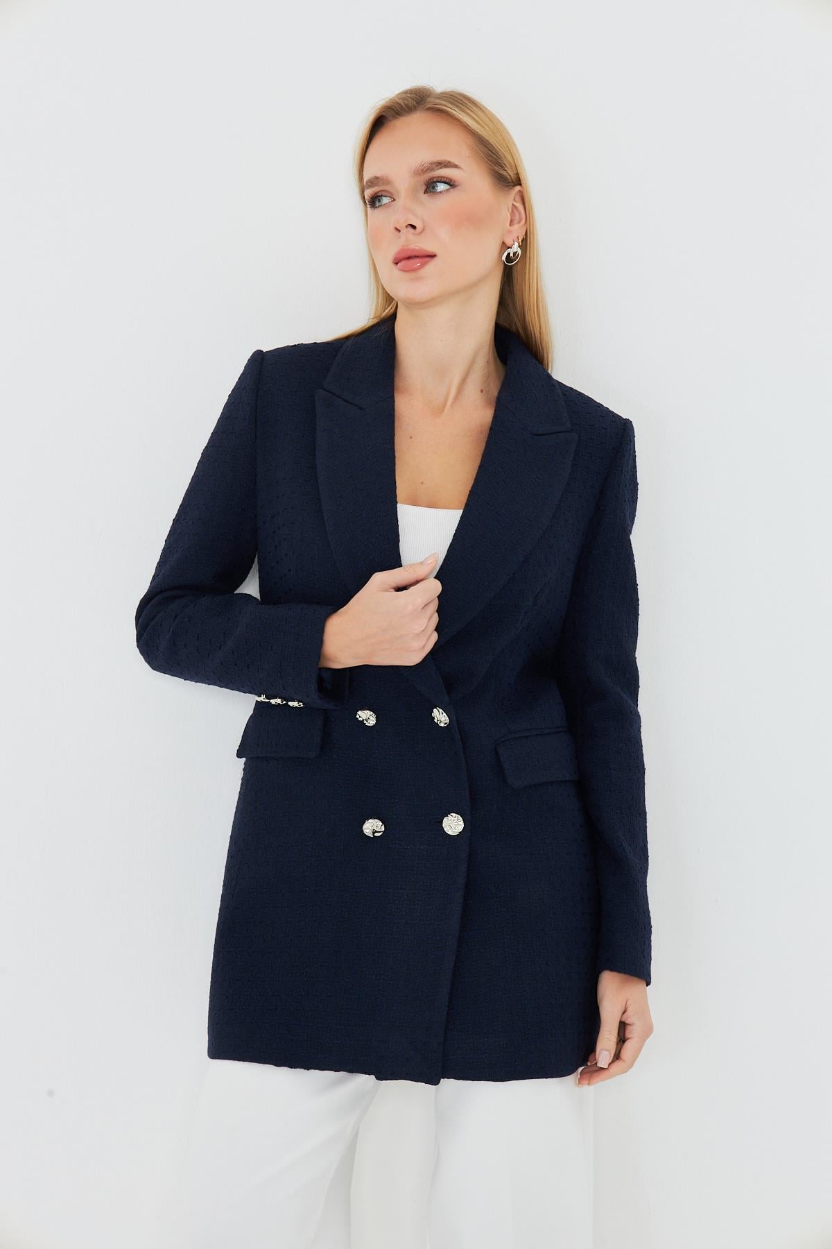 4 Düğmeli Kruvaze Tüvit Ceket Lacivert