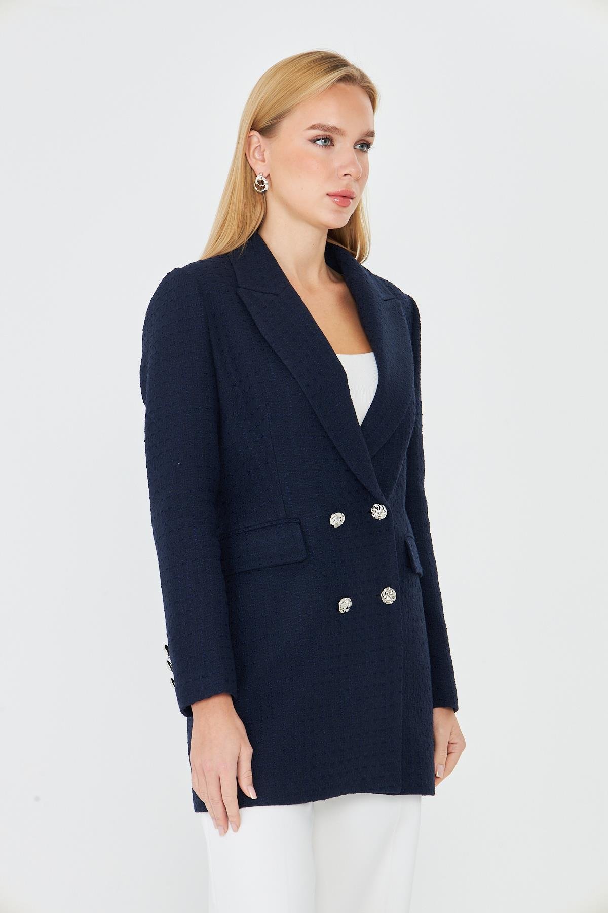 4 Düğmeli Kruvaze Tüvit Ceket Lacivert