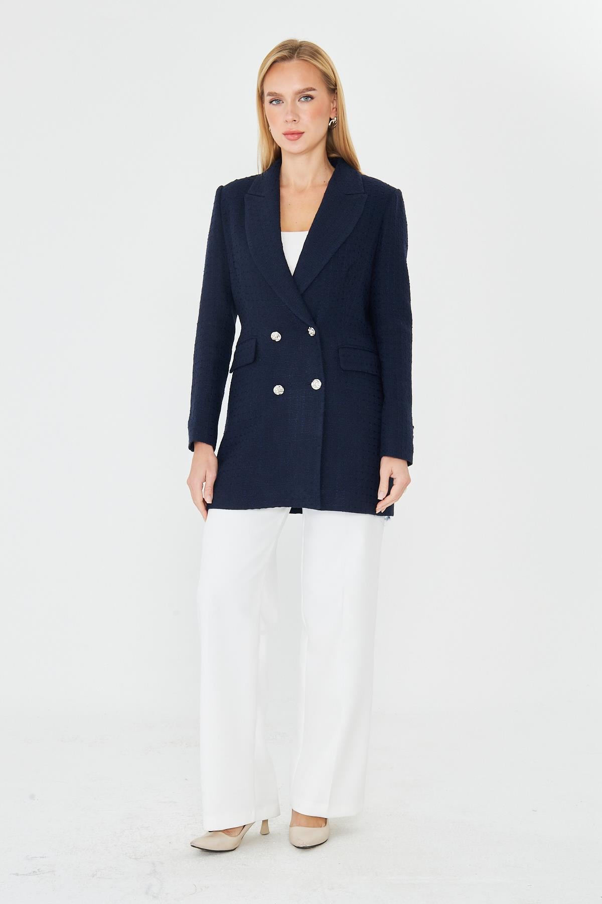 4 Düğmeli Kruvaze Tüvit Ceket Lacivert