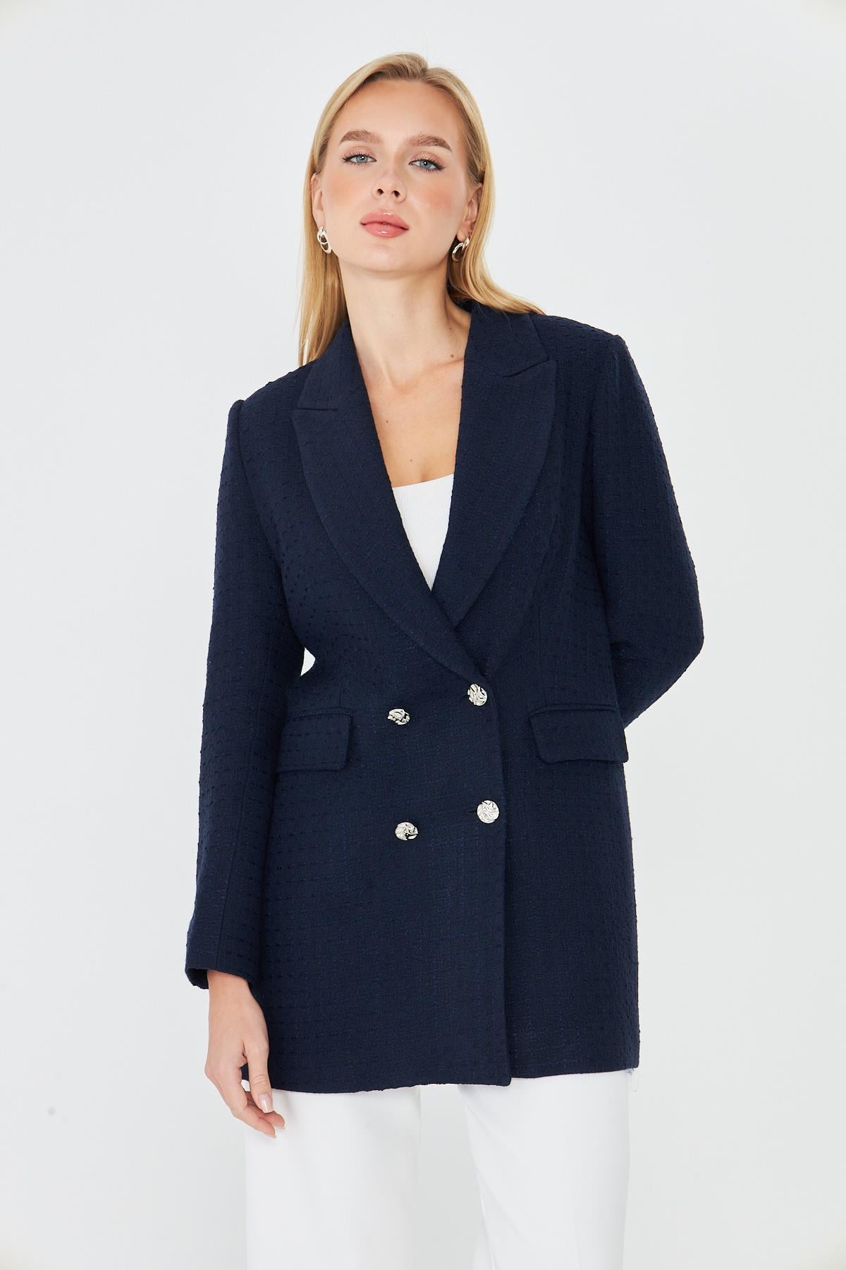 4 Düğmeli Kruvaze Tüvit Ceket Lacivert