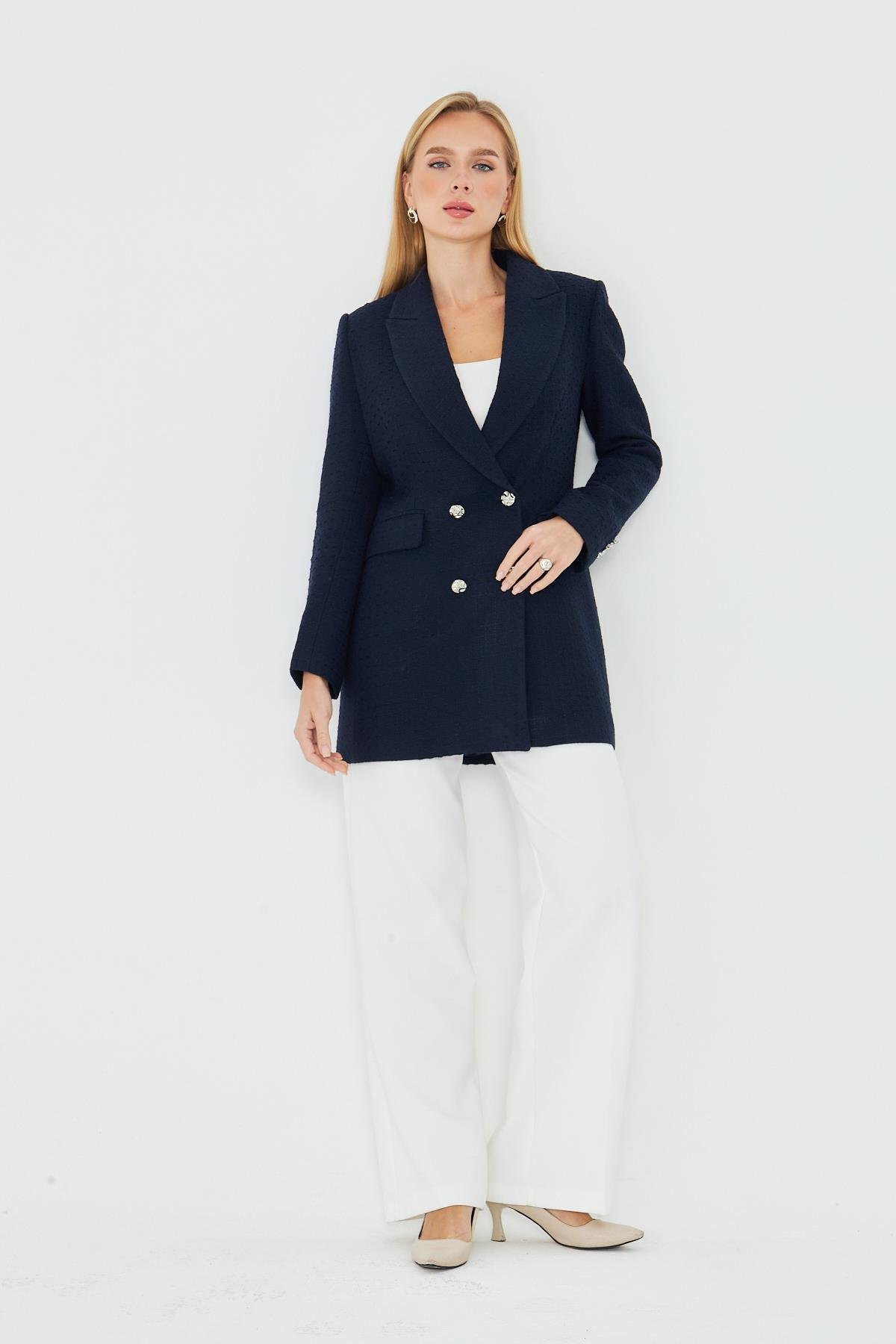 4 Düğmeli Kruvaze Tüvit Ceket Lacivert