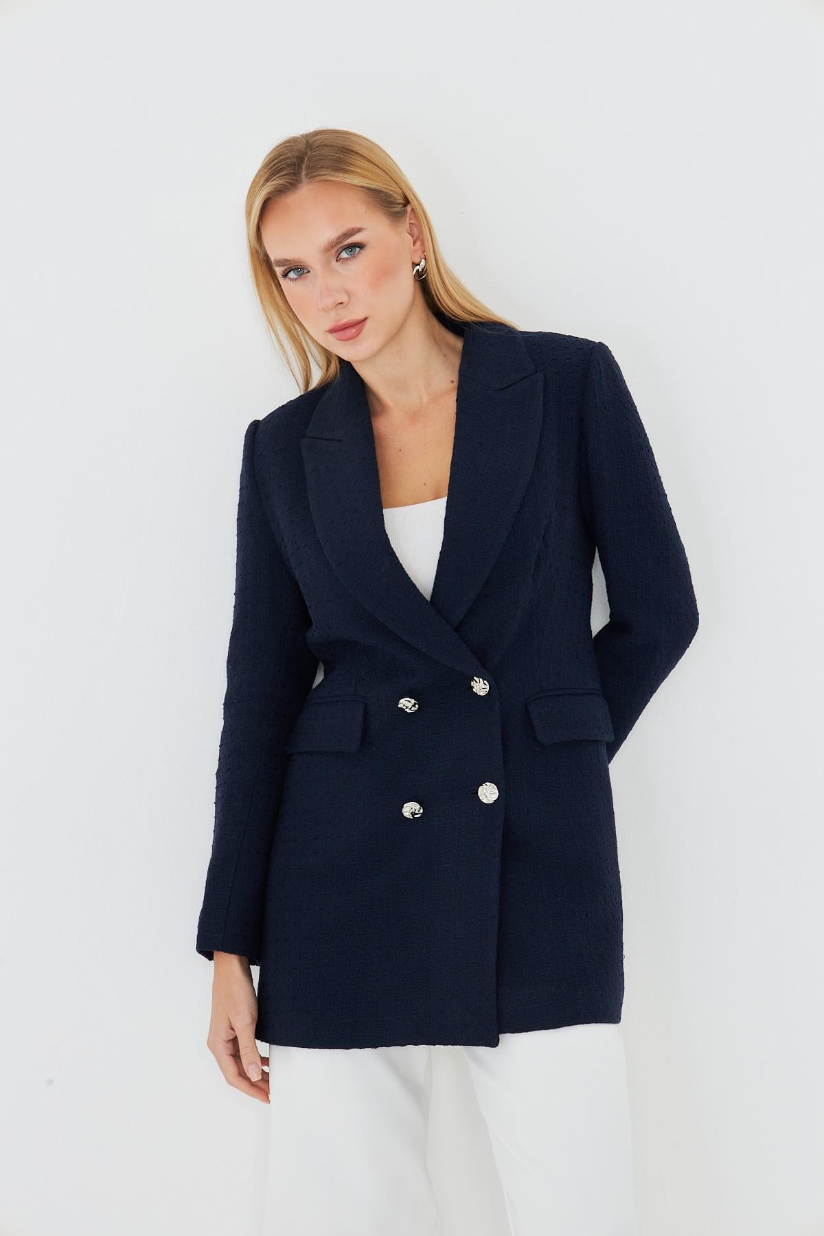4 Düğmeli Kruvaze Tüvit Ceket Lacivert