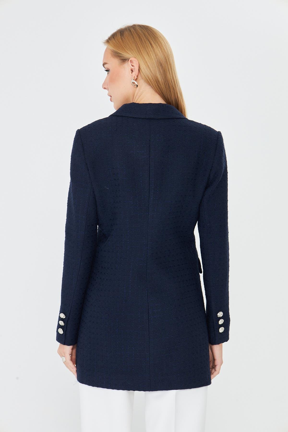 4 Düğmeli Kruvaze Tüvit Ceket Lacivert
