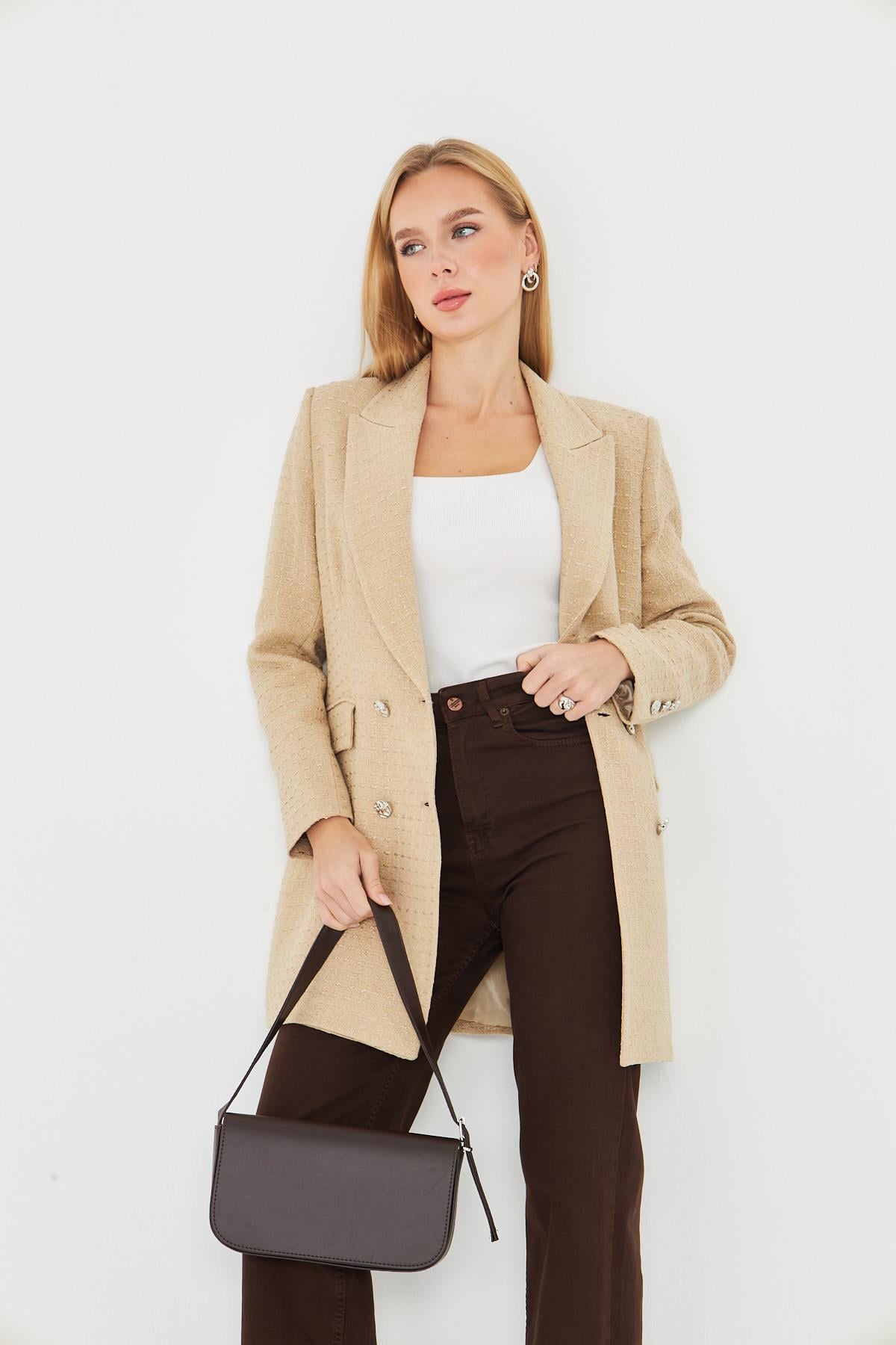 4 Düğmeli Kruvaze Tüvit Ceket Vizon