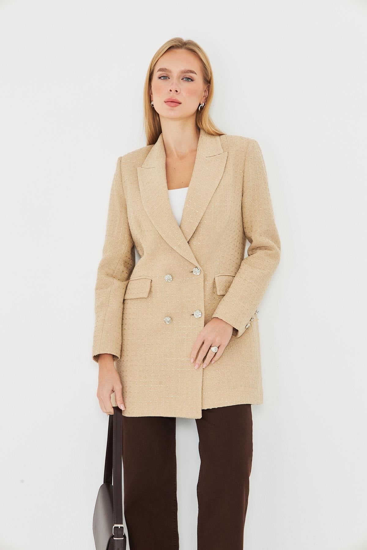 4 Düğmeli Kruvaze Tüvit Ceket Vizon