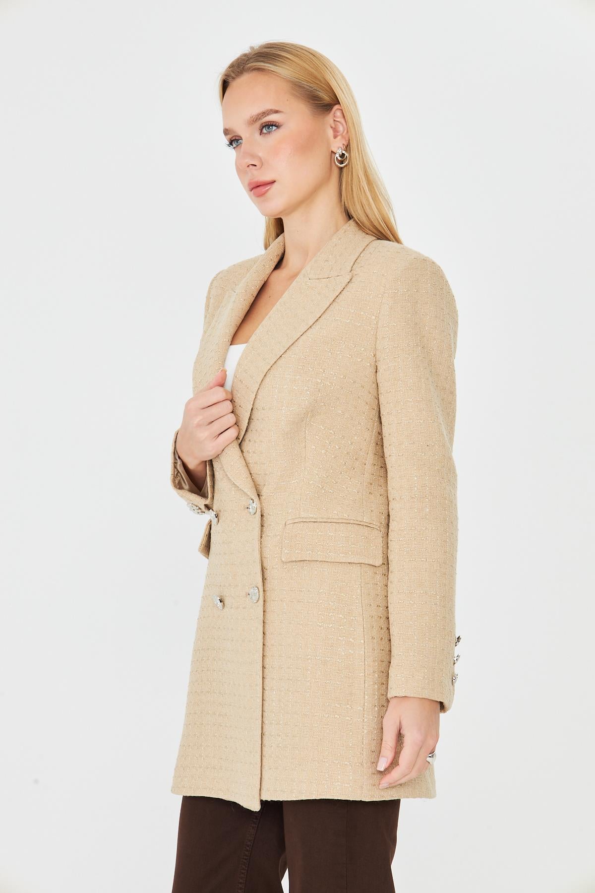 4 Düğmeli Kruvaze Tüvit Ceket Vizon