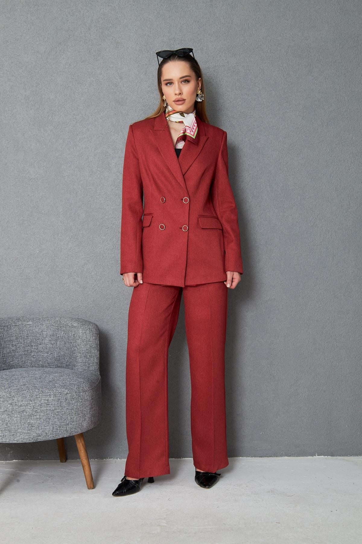 4 Düğmeli Kruvaze Yünefekt Takım Kırmızı