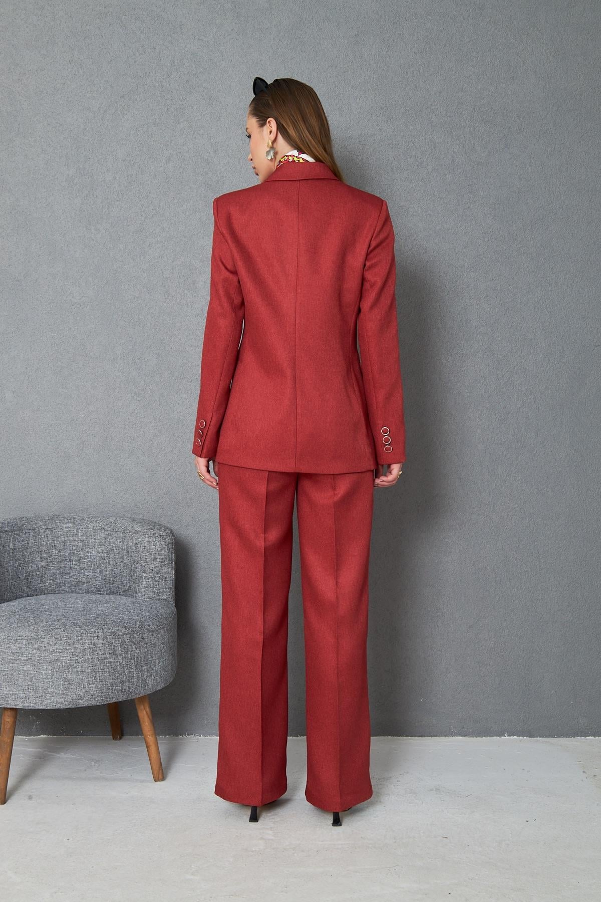 4 Düğmeli Kruvaze Yünefekt Takım Kırmızı