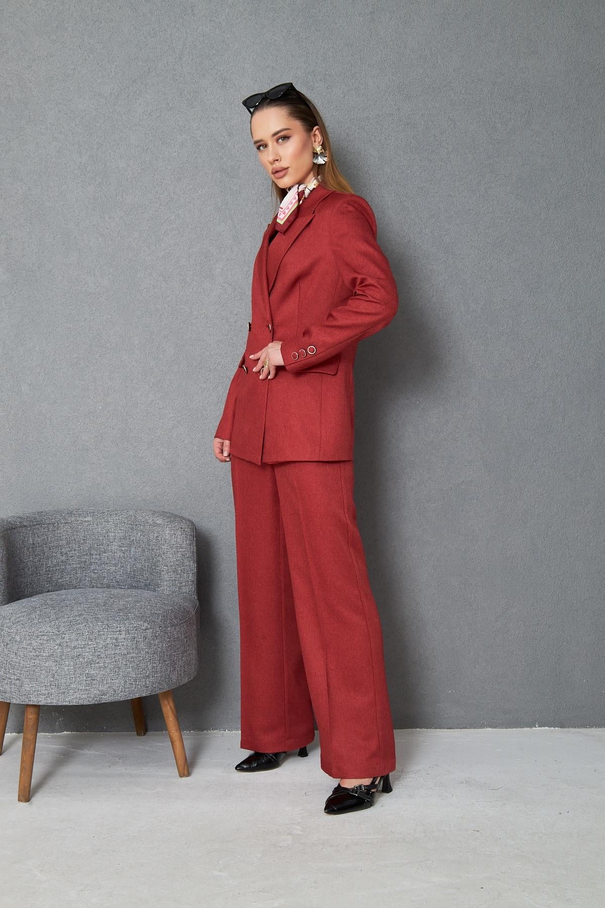 4 Düğmeli Kruvaze Yünefekt Takım Kırmızı