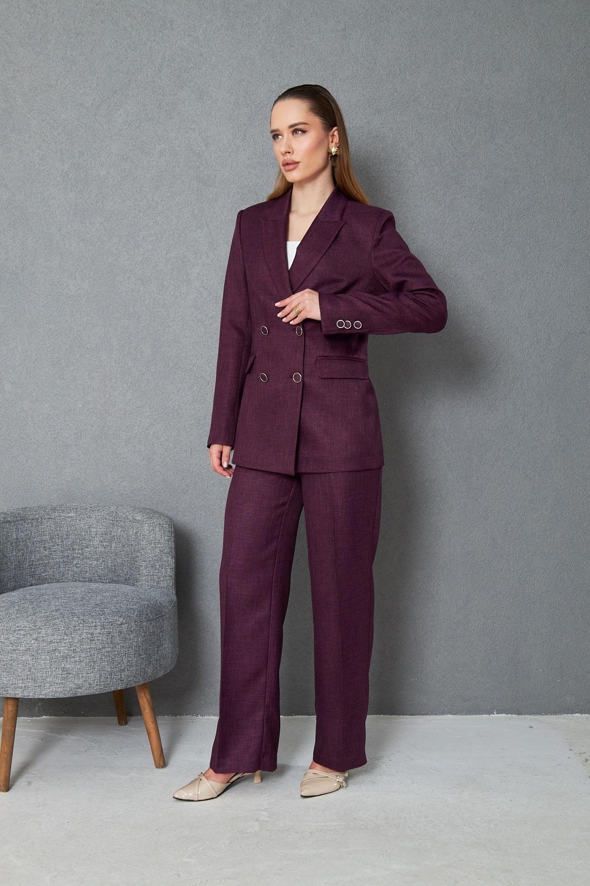 4 Düğmeli Kruvaze Yünefekt Takım Mürdüm