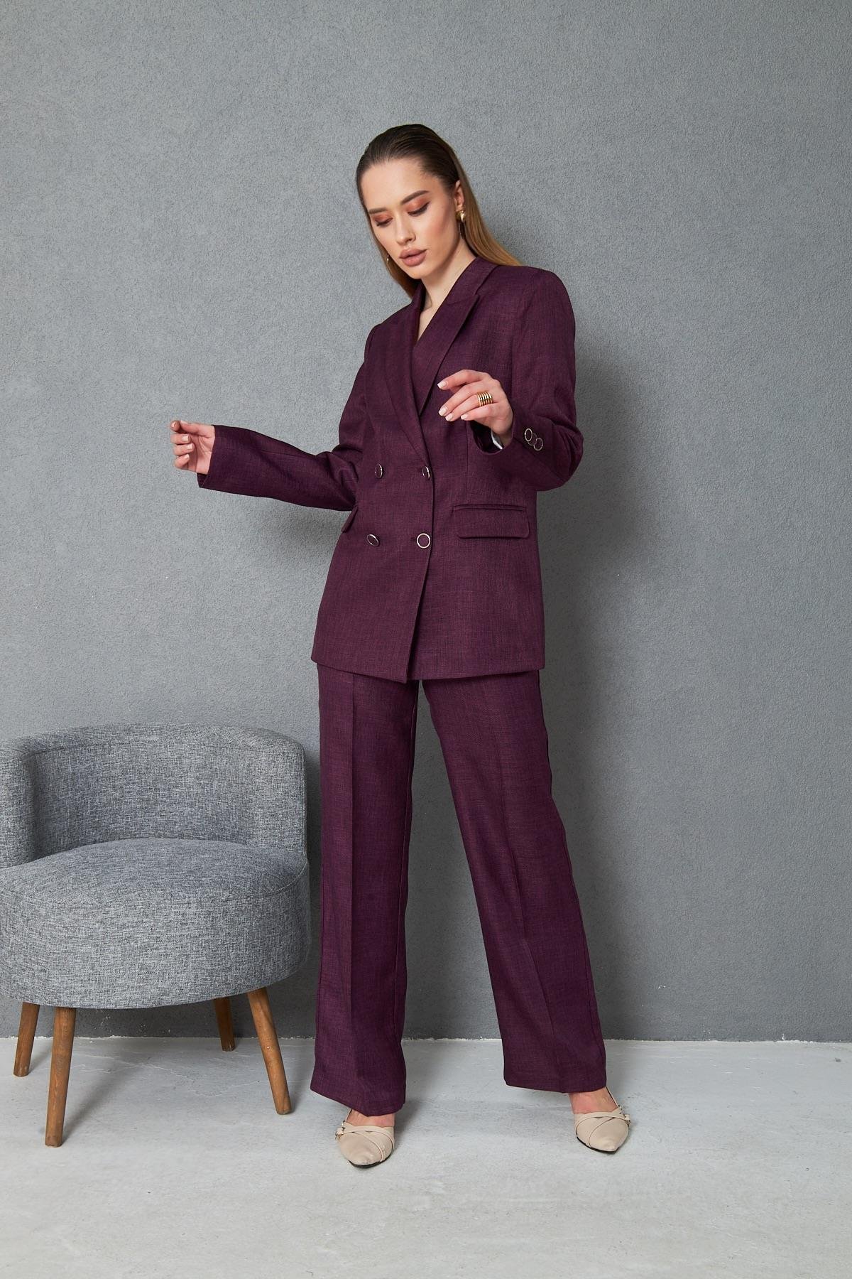 4 Düğmeli Kruvaze Yünefekt Takım Mürdüm