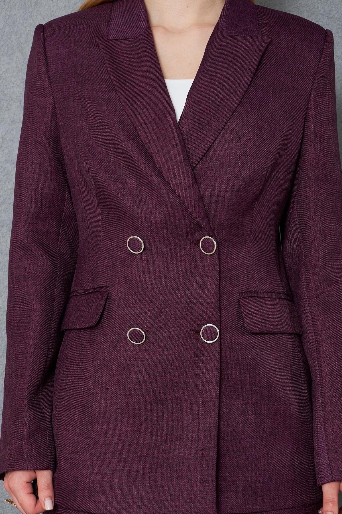 4 Düğmeli Kruvaze Yünefekt Takım Mürdüm