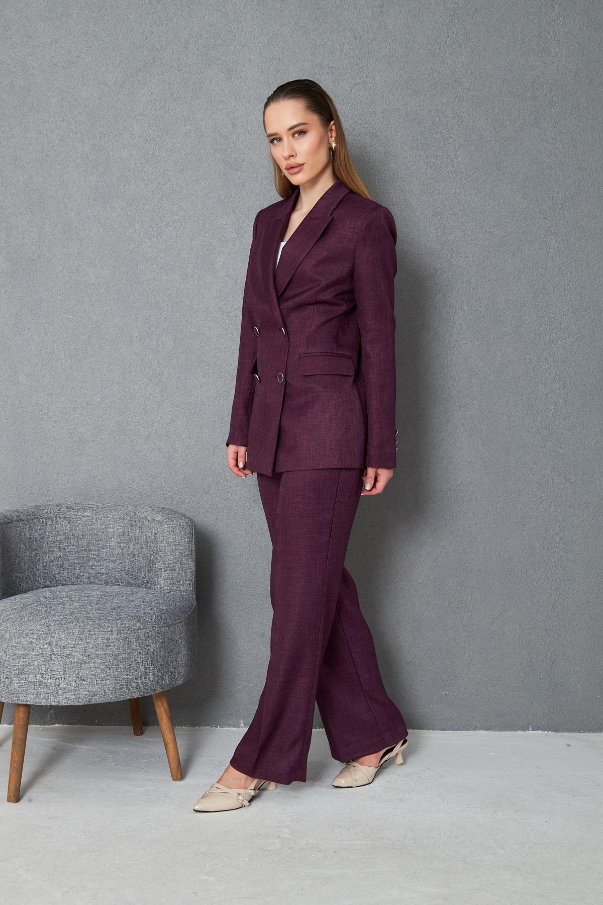 4 Düğmeli Kruvaze Yünefekt Takım Mürdüm