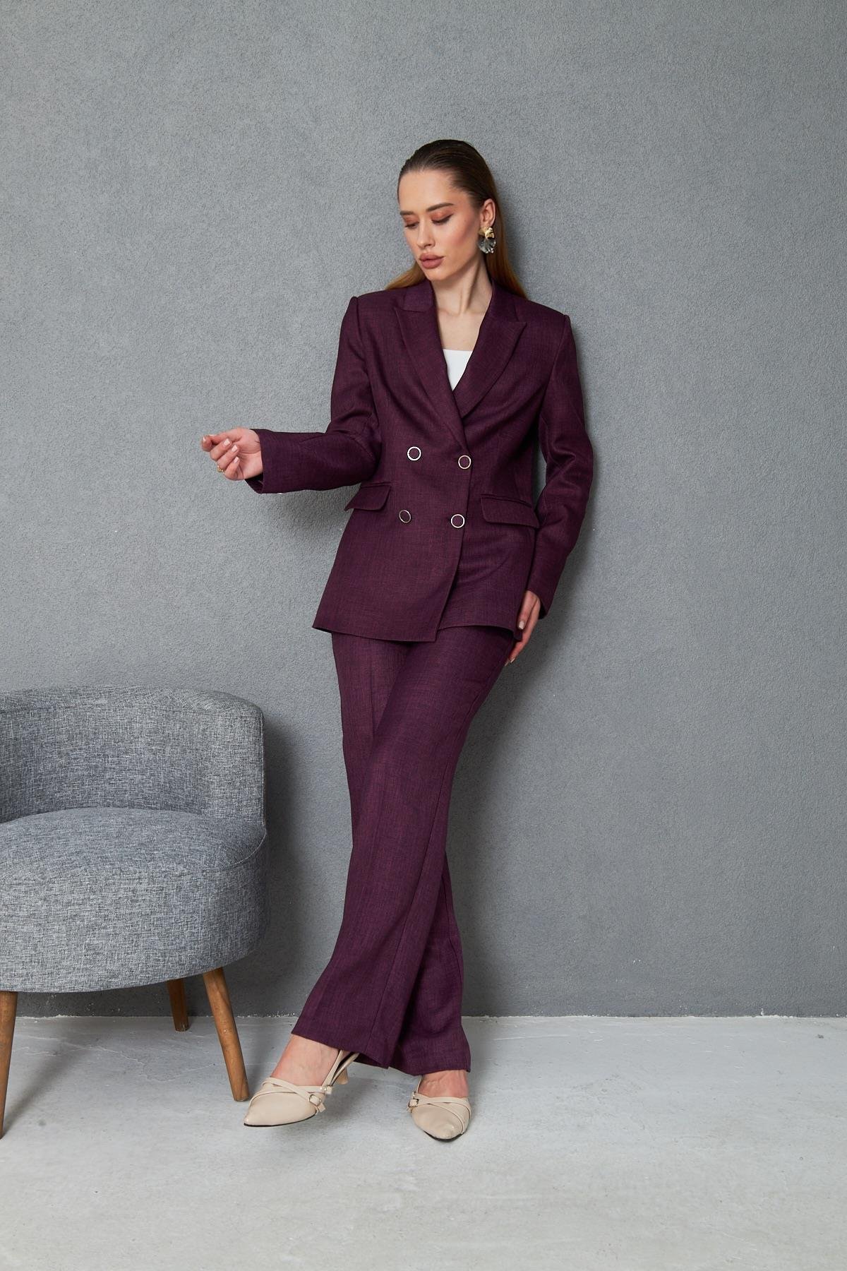 4 Düğmeli Kruvaze Yünefekt Takım Mürdüm