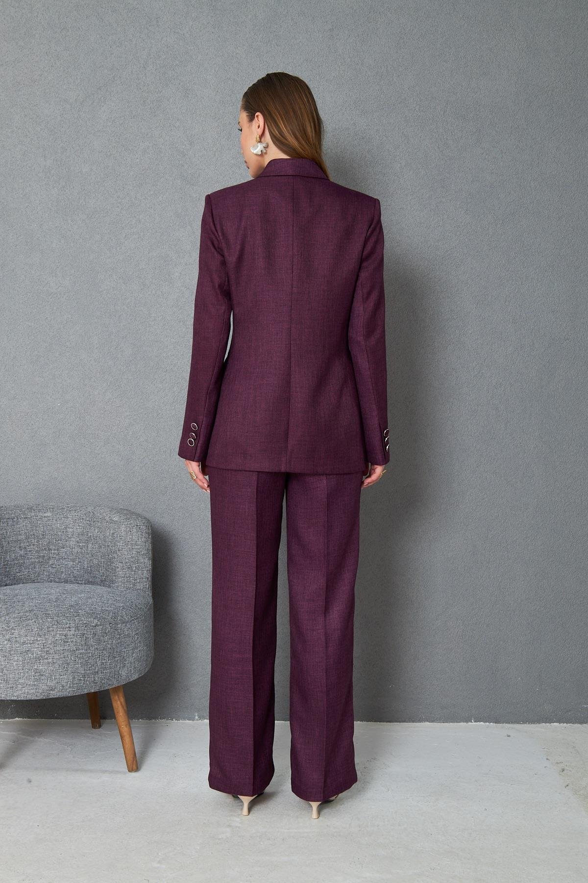 4 Düğmeli Kruvaze Yünefekt Takım Mürdüm