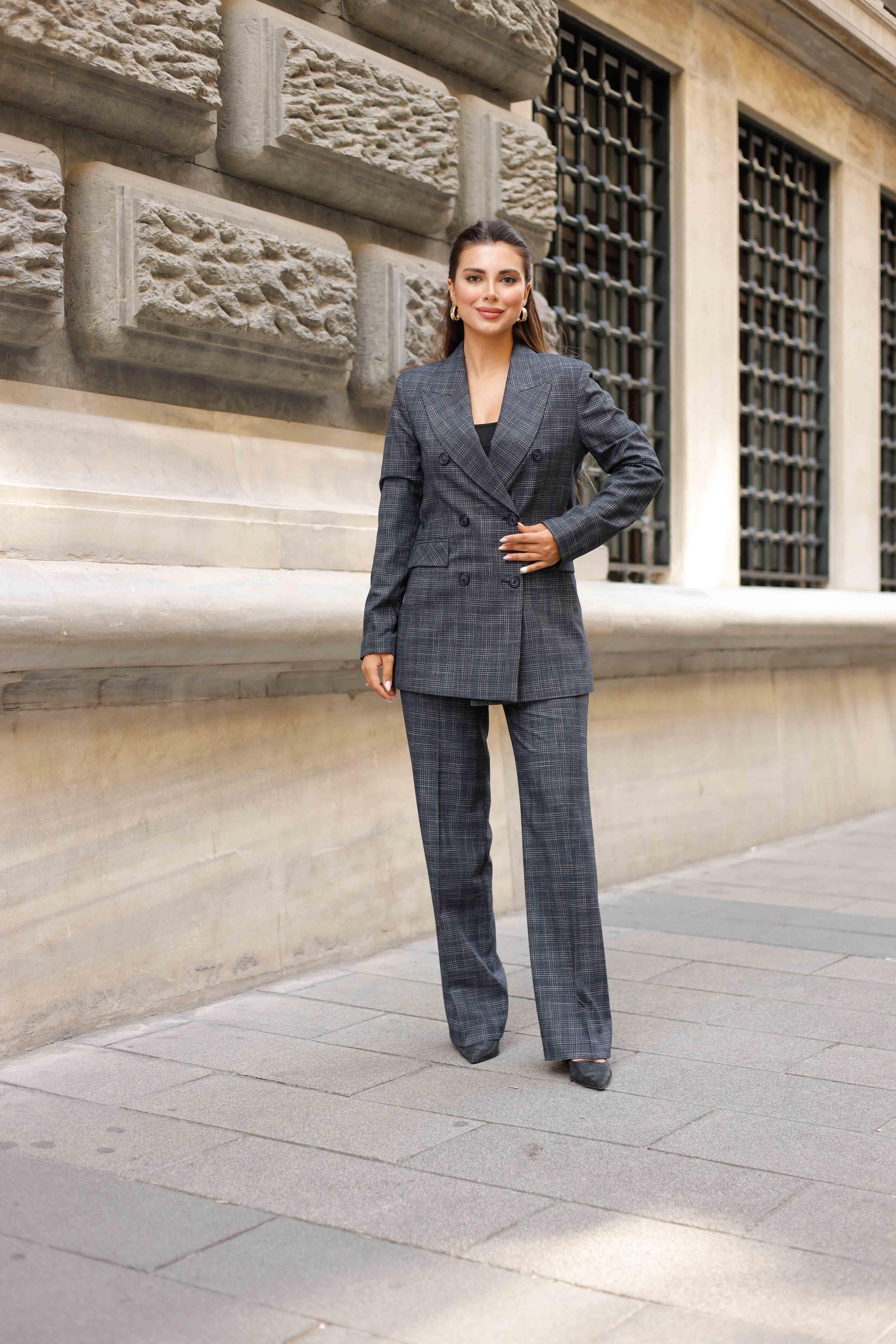 6 Düğmeli Kruvaze Ekose Takım Lacivert